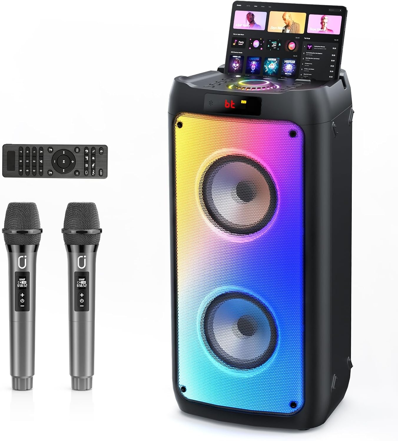 JYX Karaoke Machine, Karaoke System with 2 Microphones, Portable Bluetooth Speaker with RGB Light, Karaoke Set, PA System for Adults, Party, Supports TF/USB, AUX, FM, TWS