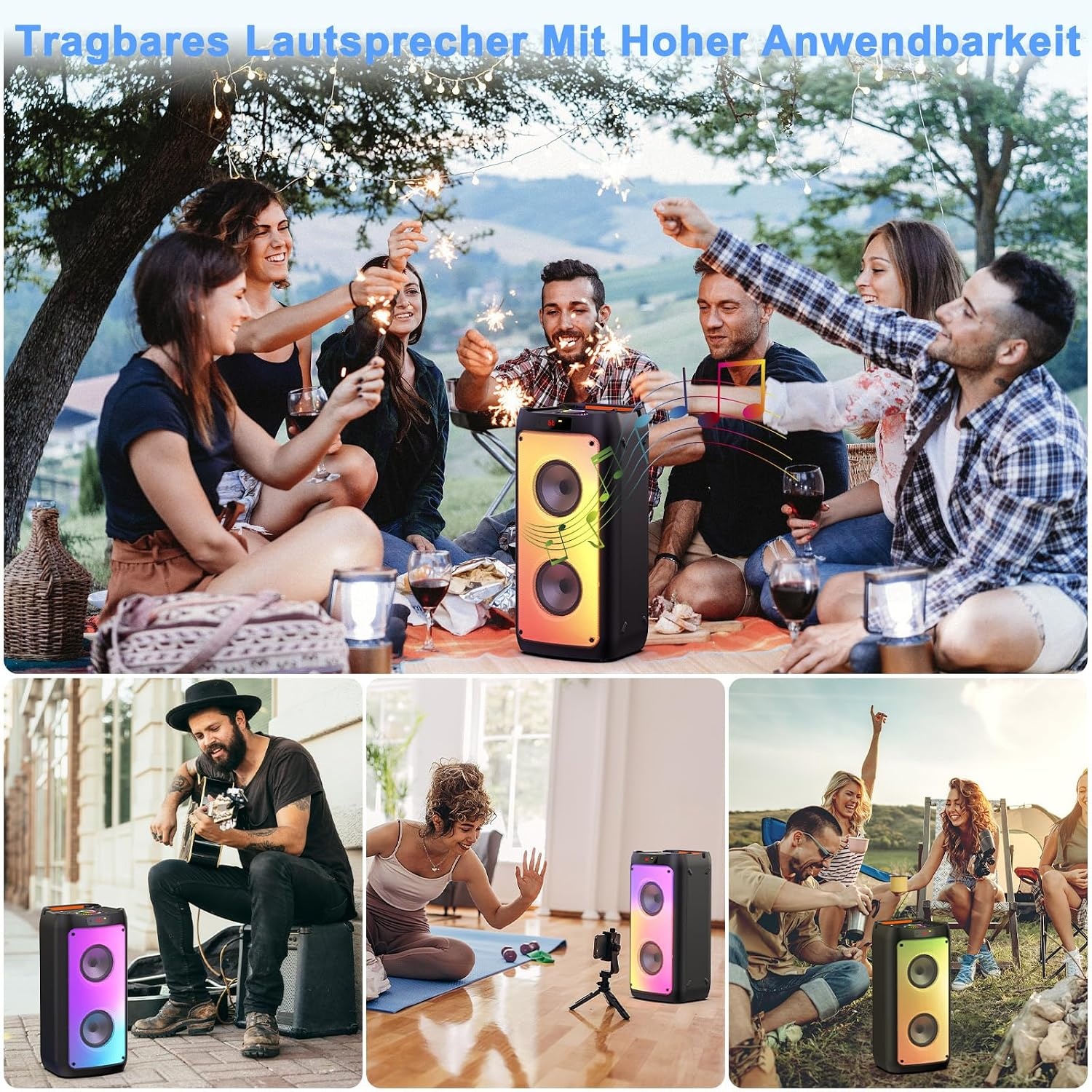 JYX Karaoke Machine, Karaoke System with 2 Microphones, Portable Bluetooth Speaker with RGB Light, Karaoke Set, PA System for Adults, Party, Supports TF/USB, AUX, FM, TWS