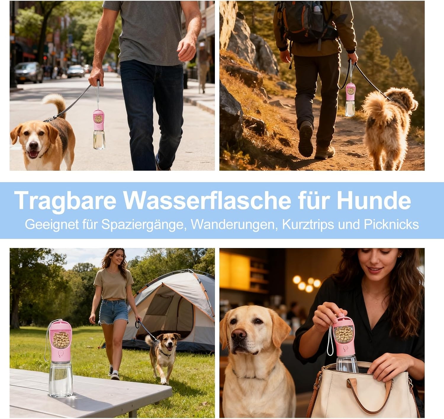Draagbare Hondenwaterfles Roze 550ml - Lekvrij met Voerbak - 67% Korting