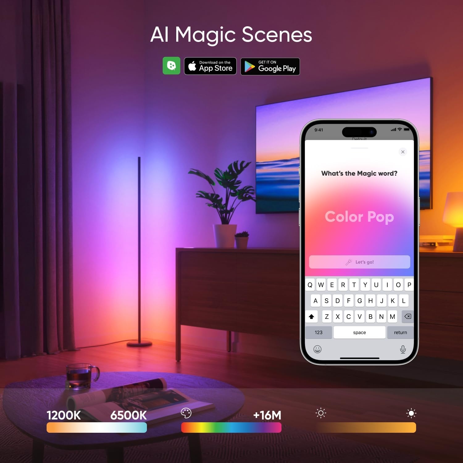 Nanoleaf Matter Smart vloerlamp woonkamer, staande lamp met heldere en dichte RGBIC LED's, slaapkamer hoek sfeerlicht muzieksynchronisatie, 200+ dynamische scènes, app en spraakbesturing (werkt met