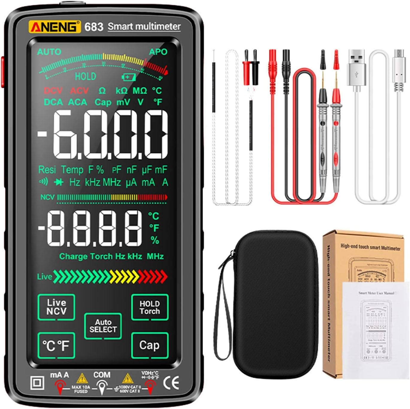 683 6000 Counts grote touchscreen-digitale multimeter, smart anti-burn, oplaadbaar universeel meetapparaat, VA reverse display, NCV-tester met zaklamp voor spanning, stroom, weerstand,
