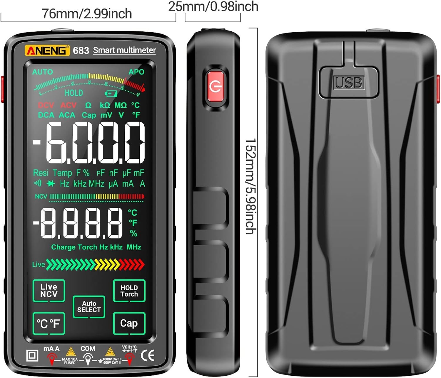 683 6000 Counts grote touchscreen-digitale multimeter, smart anti-burn, oplaadbaar universeel meetapparaat, VA reverse display, NCV-tester met zaklamp voor spanning, stroom, weerstand,