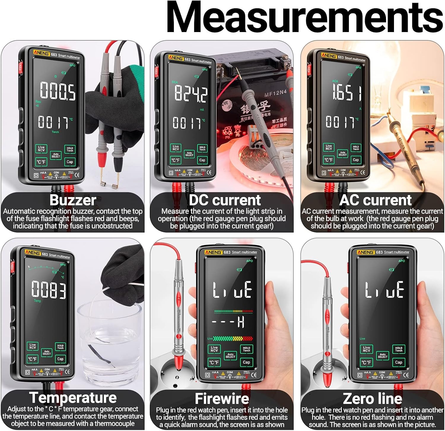 683 6000 Counts grote touchscreen-digitale multimeter, smart anti-burn, oplaadbaar universeel meetapparaat, VA reverse display, NCV-tester met zaklamp voor spanning, stroom, weerstand,
