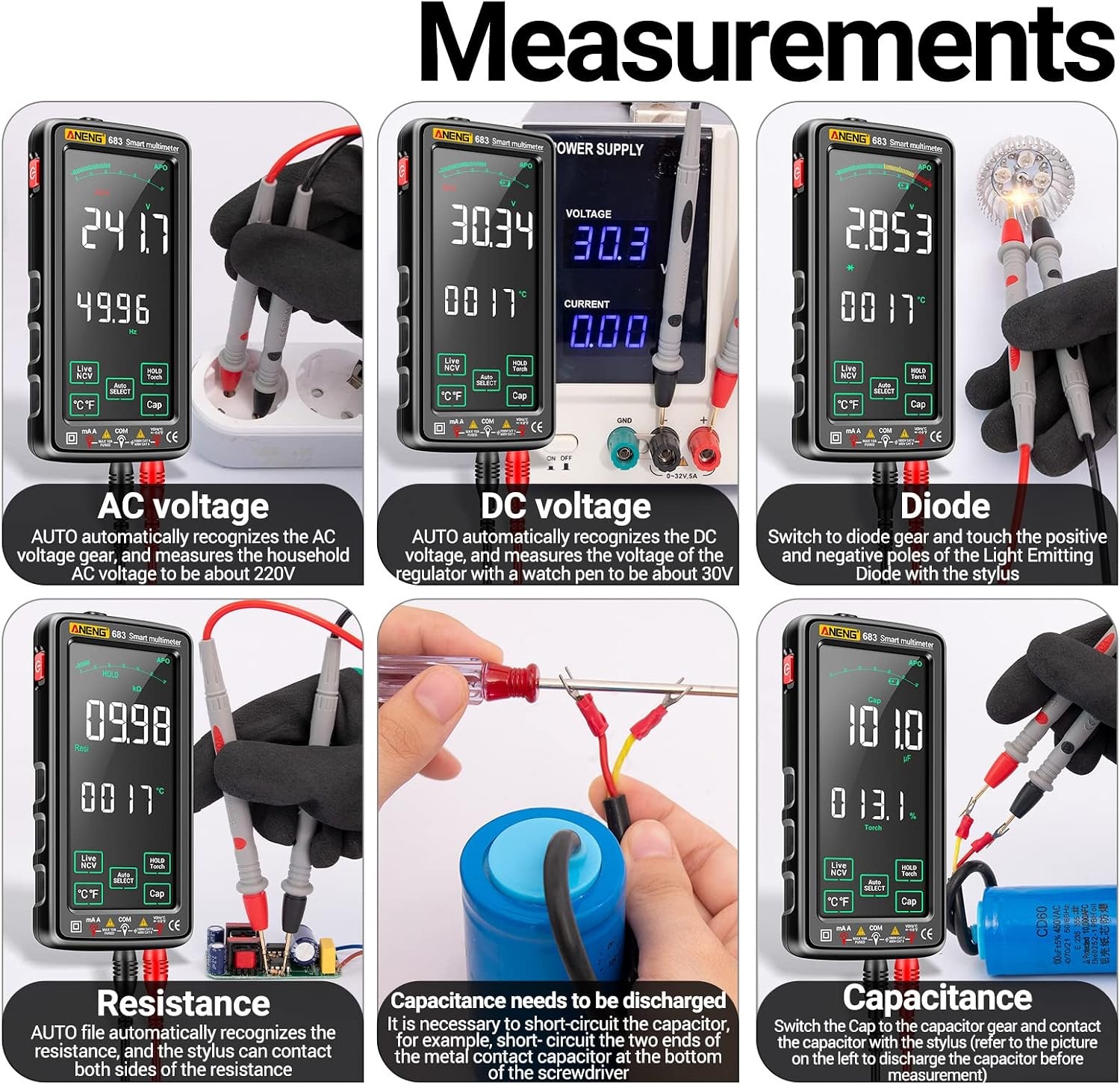 683 6000 Counts grote touchscreen-digitale multimeter, smart anti-burn, oplaadbaar universeel meetapparaat, VA reverse display, NCV-tester met zaklamp voor spanning, stroom, weerstand,