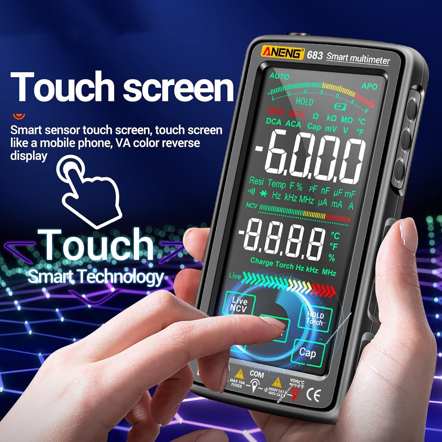 683 6000 Counts grote touchscreen-digitale multimeter, smart anti-burn, oplaadbaar universeel meetapparaat, VA reverse display, NCV-tester met zaklamp voor spanning, stroom, weerstand,