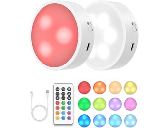 Goodea.fun Draadloze kastverlichting – Opl. RGBW-pucklampen (set 3) met afstandbed. & timer – 13 kl dimbare LED-onderkastverl. – Magnetisch, accu, voor kasten & vitrines, set 2. (154 karakters) - Maat RGB, set van 2