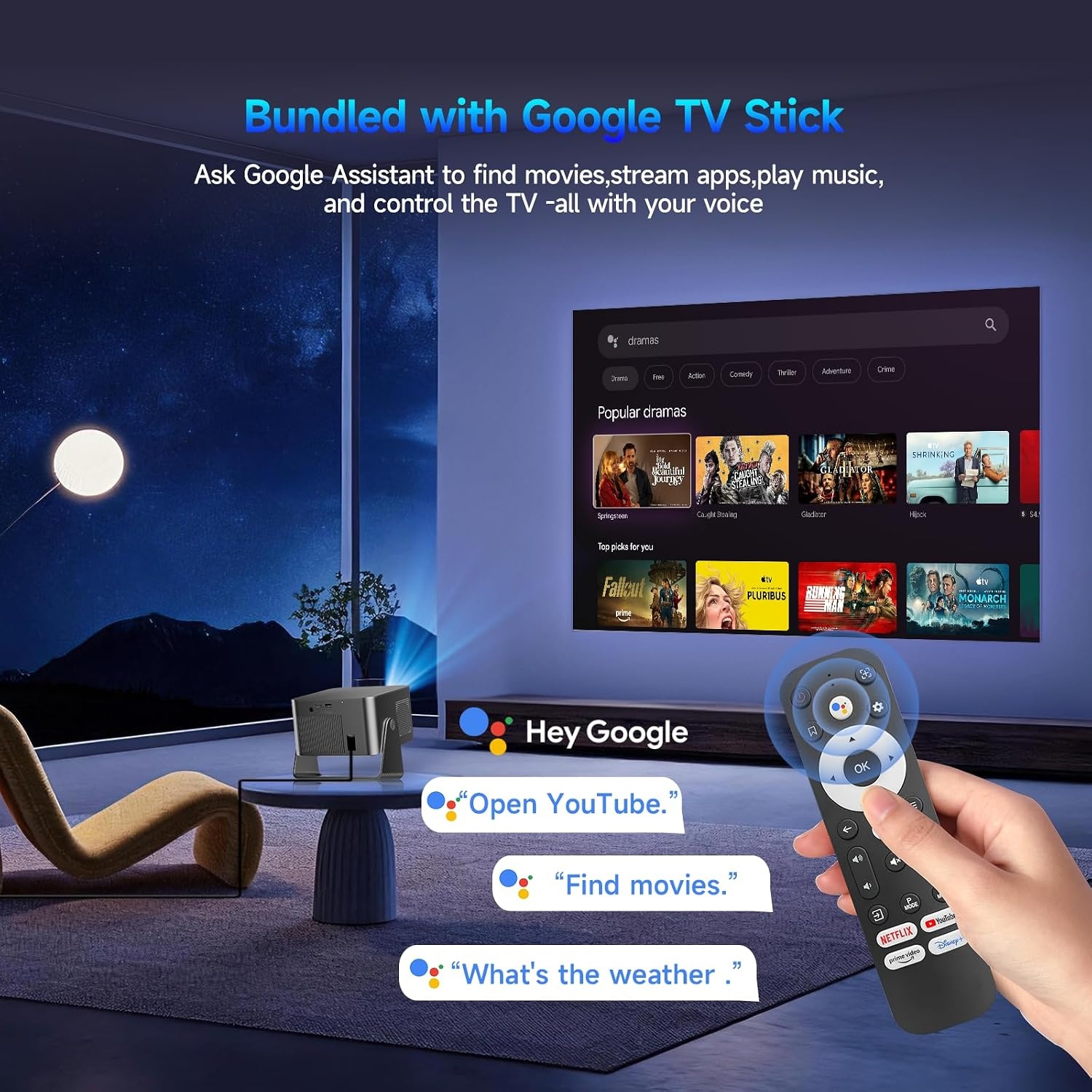 Magcubic Videoprojector 1080P, geïntegreerde 4K tv-stick, met WiFi 5, Bluetooth 5.1, luidspreker 15 W, 650 ANSI, spraakbediening, automatische focus en trapeziumcorrectie, Dolby Audio/HDR10+