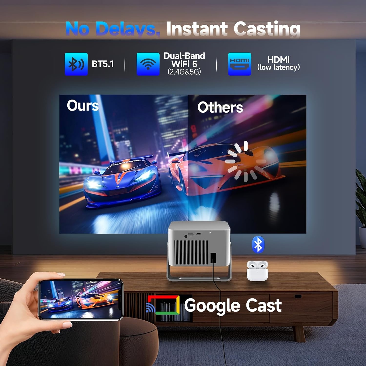 Magcubic Videoprojector 1080P, geïntegreerde 4K tv-stick, met WiFi 5, Bluetooth 5.1, luidspreker 15 W, 650 ANSI, spraakbediening, automatische focus en trapeziumcorrectie, Dolby Audio/HDR10+