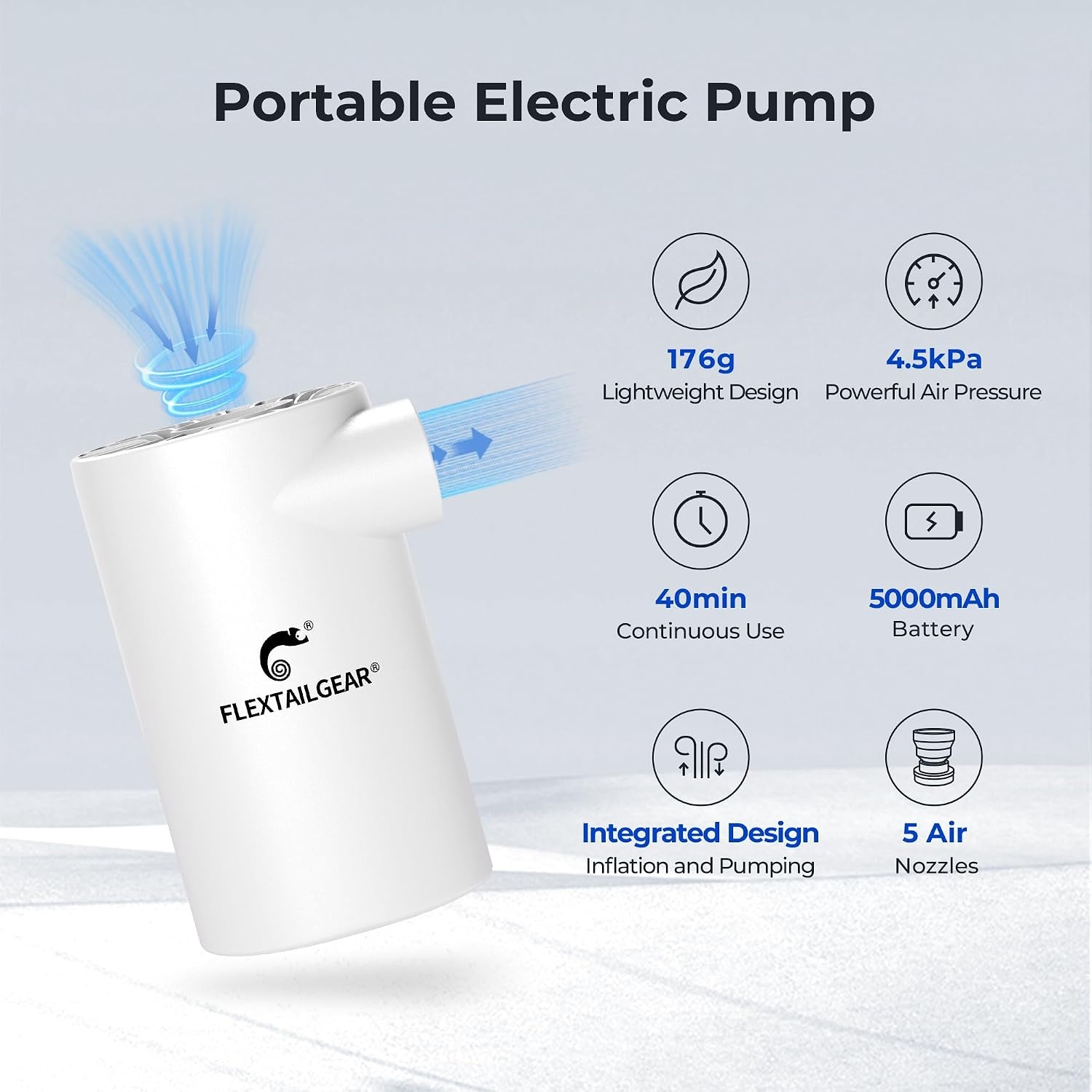 FLEXTAILGEAR Evo Pomp met accu van 5000 mAh, draagbare elektrische pomp met 4,5 kPA en 250 l/min voor het opblazen en leeglopen van opblaasbare matrassen, luchtbedden en zwembadboeien