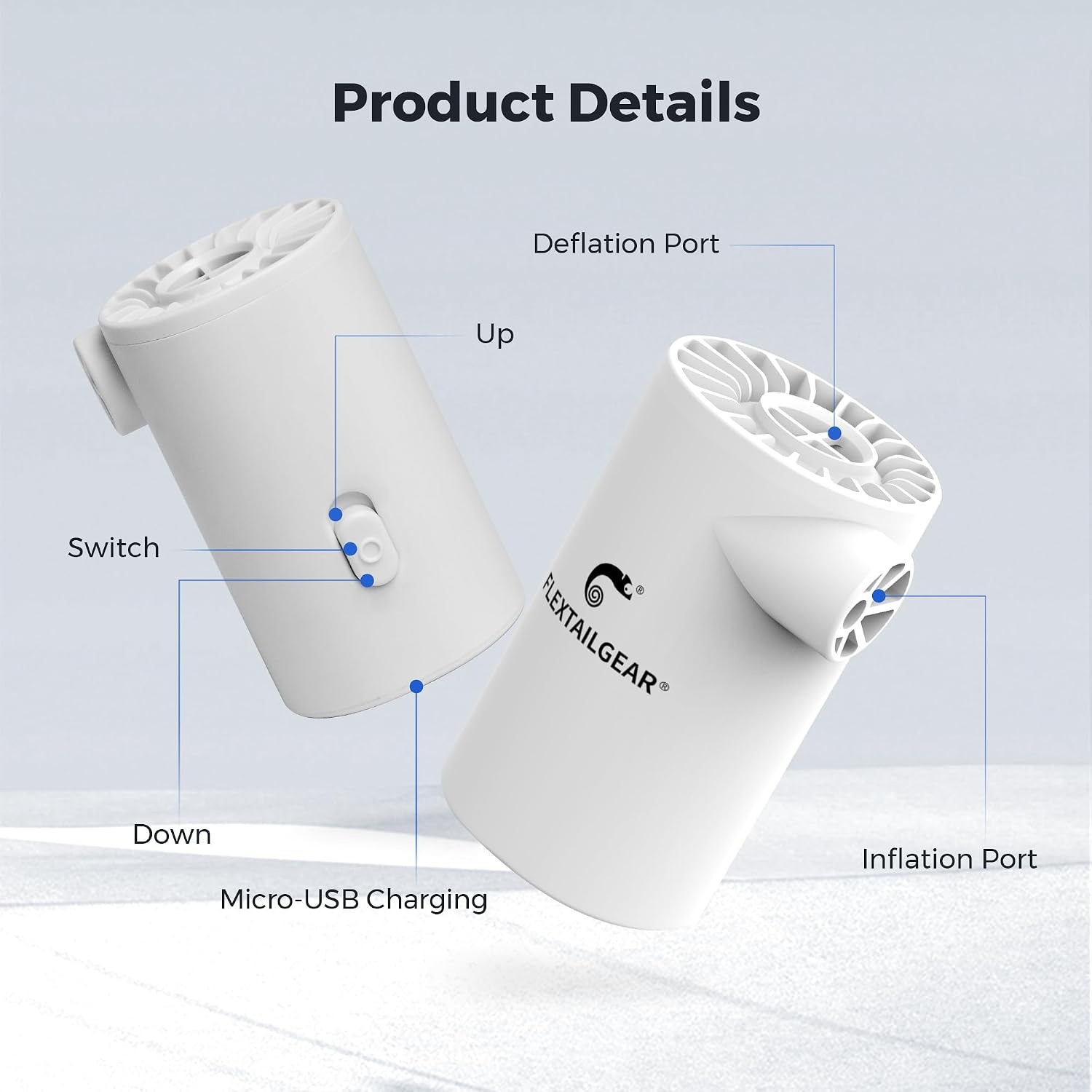 FLEXTAILGEAR Evo Pomp met accu van 5000 mAh, draagbare elektrische pomp met 4,5 kPA en 250 l/min voor het opblazen en leeglopen van opblaasbare matrassen, luchtbedden en zwembadboeien