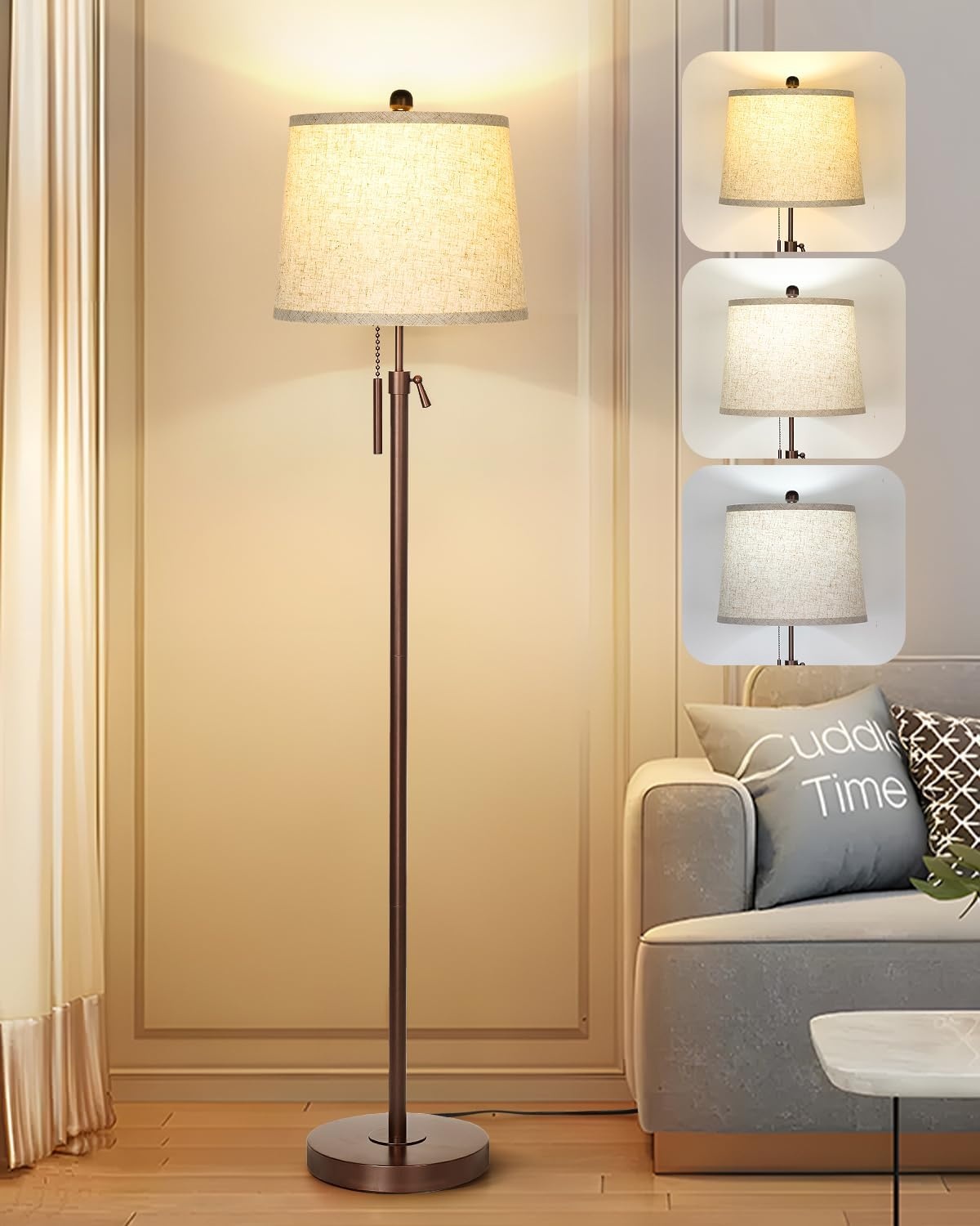 Gouden Vloerlamp met Linnen Kap - 140-165 cm, 3 Lichtstanden