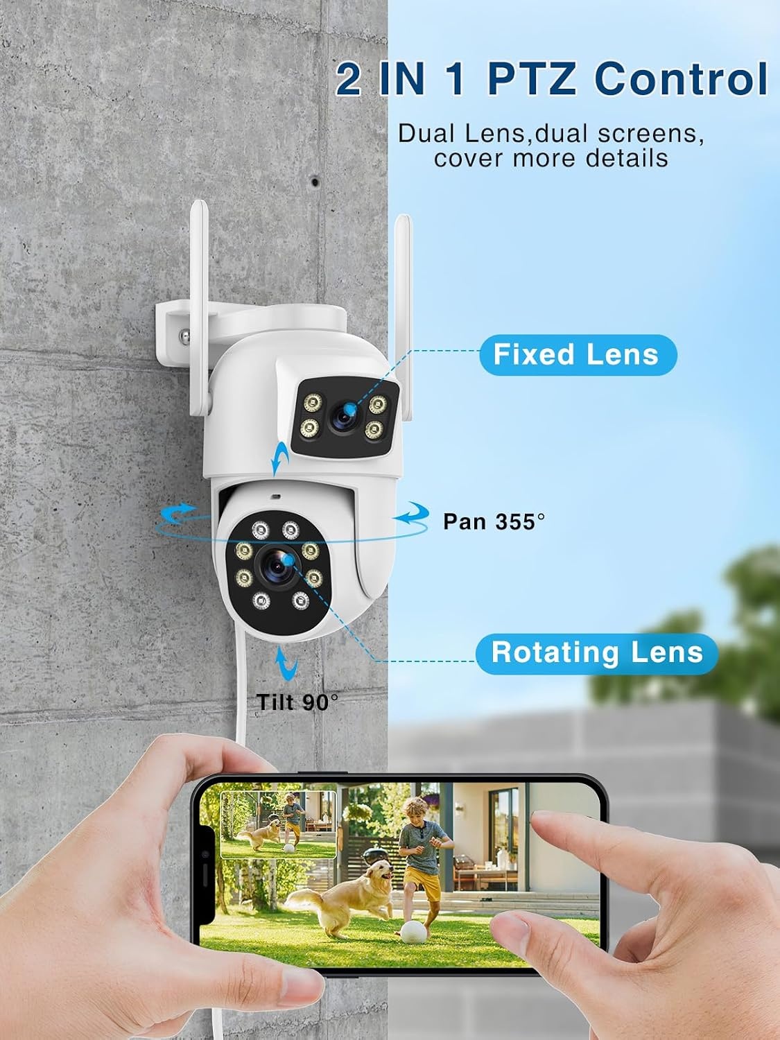 Reobiux 3K bewakingscamera voor buiten met dubbele lens, PTZ Outdoor WLAN IP-camera, bewakingscamera voor buiten met automatische tracking, gekleurd nachtzicht, tweerichtingsaudio, IP66, 2 stuks