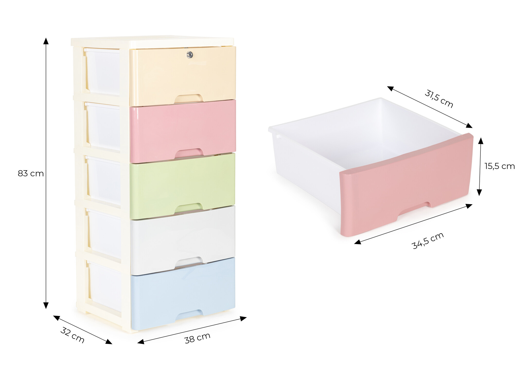 Ladeblok - 84,5x32,5x31cm - 5 lades - pastel kleuren
