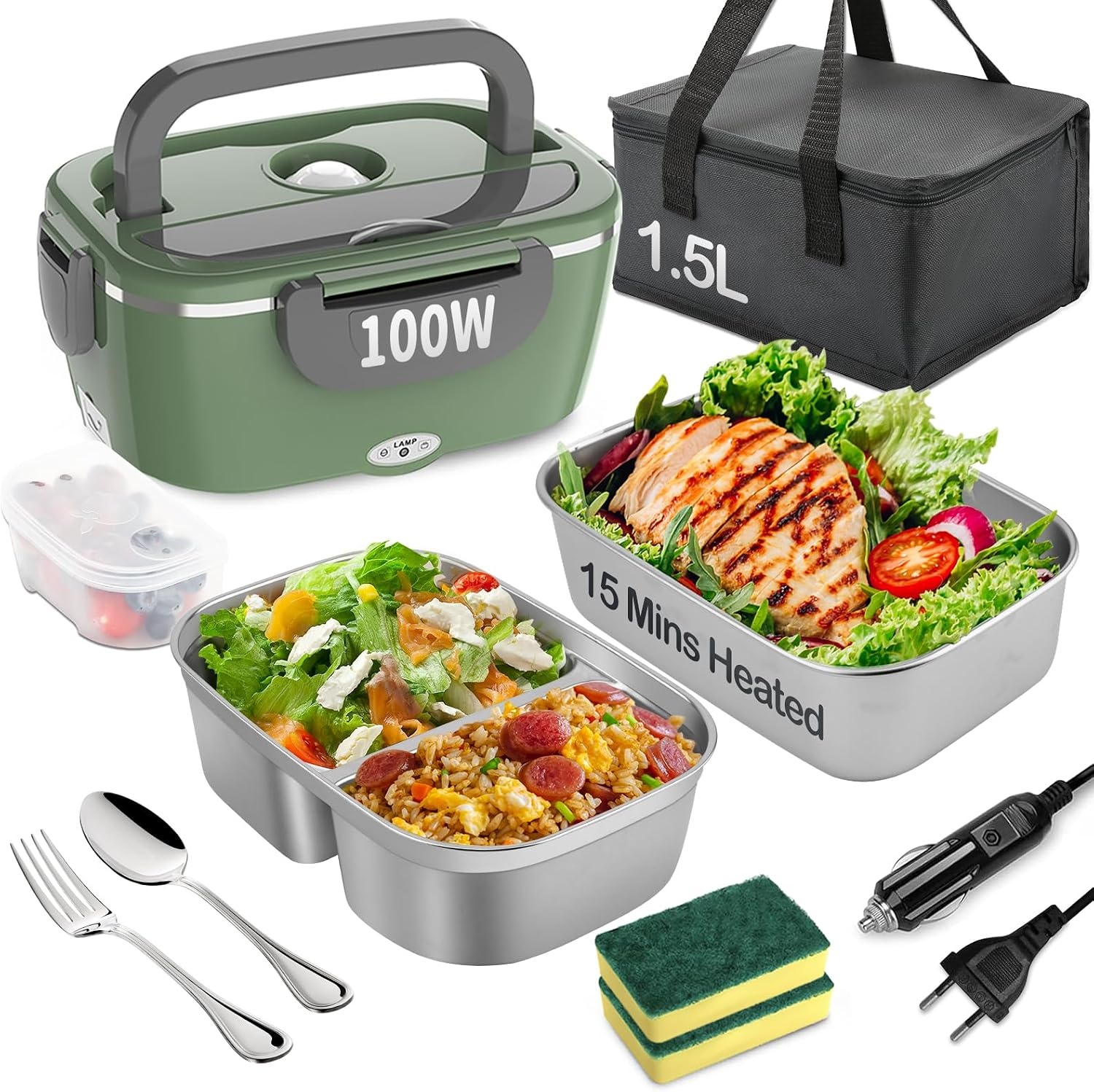 Elektrische Lunchbox 100W, 1.5L - Warm Eten Onderweg & Kantoor (Groen)