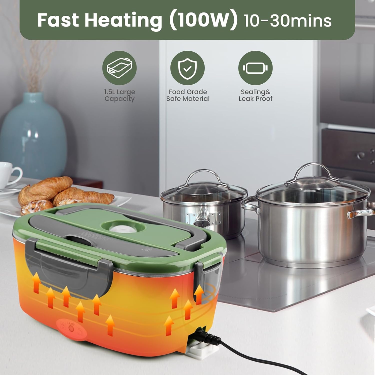 Elektrische Lunchbox 100W, 1.5L - Warm Eten Onderweg & Kantoor (Groen)
