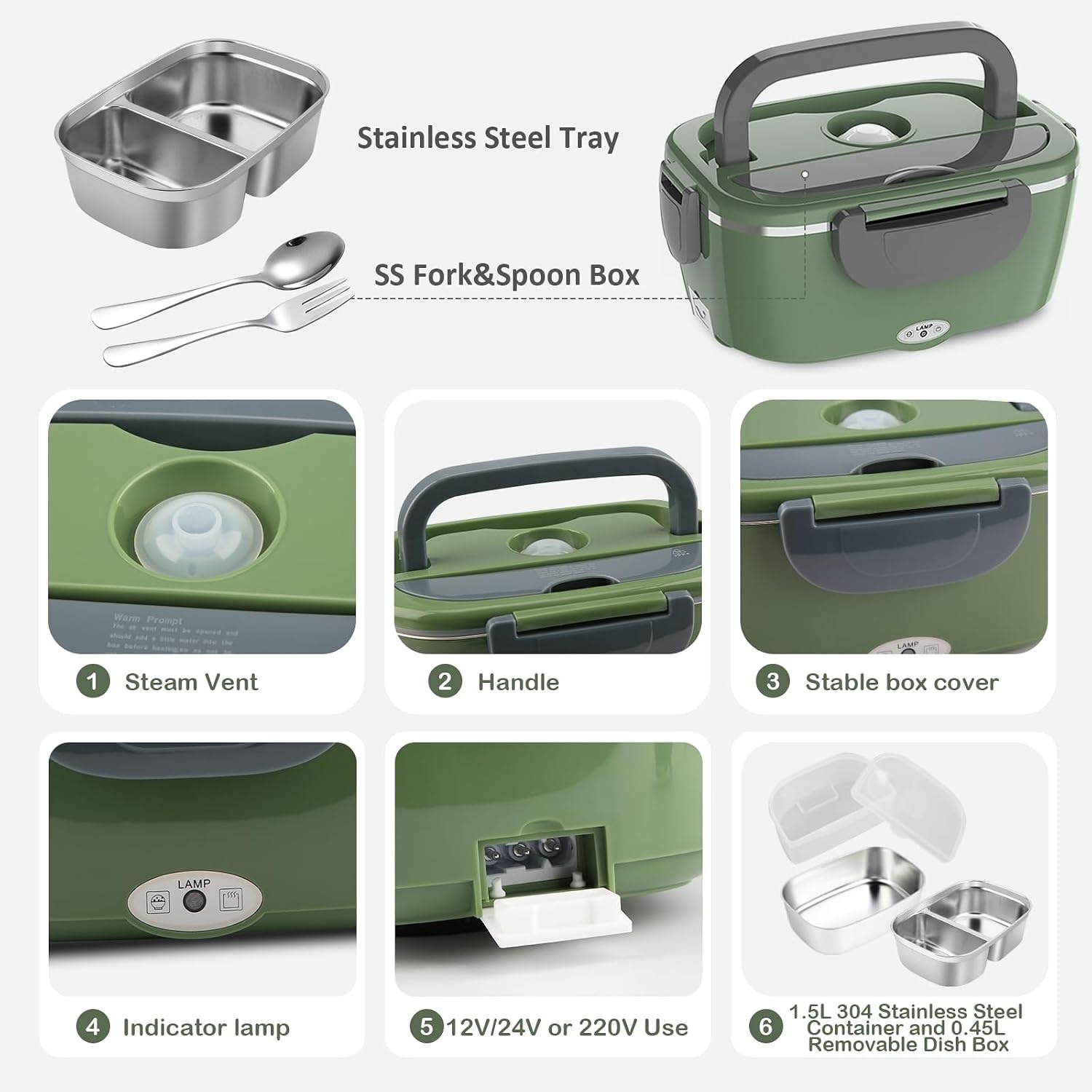 Elektrische Lunchbox 100W, 1.5L - Warm Eten Onderweg & Kantoor (Groen)