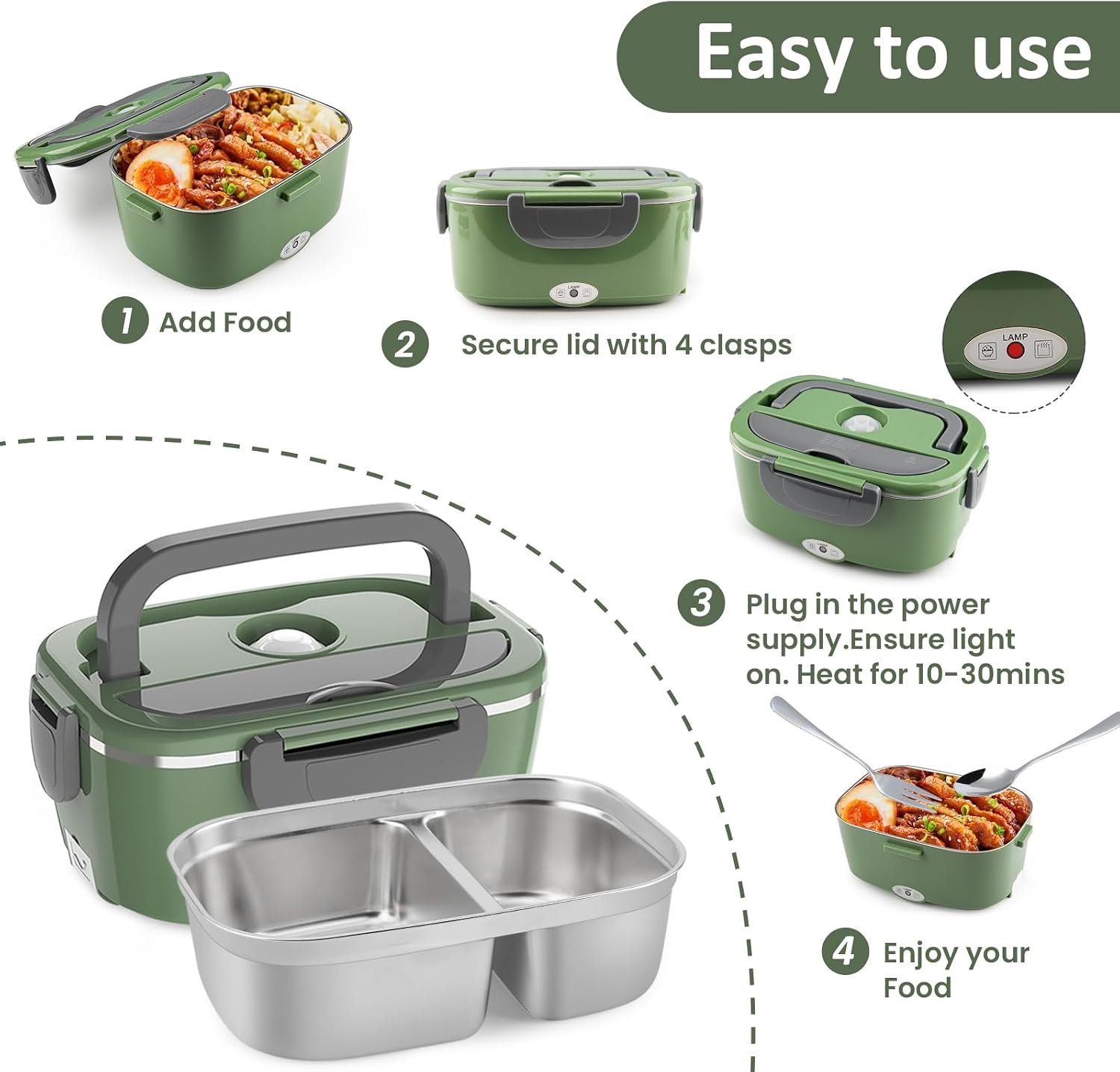 Elektrische Lunchbox 100W, 1.5L - Warm Eten Onderweg & Kantoor (Groen)
