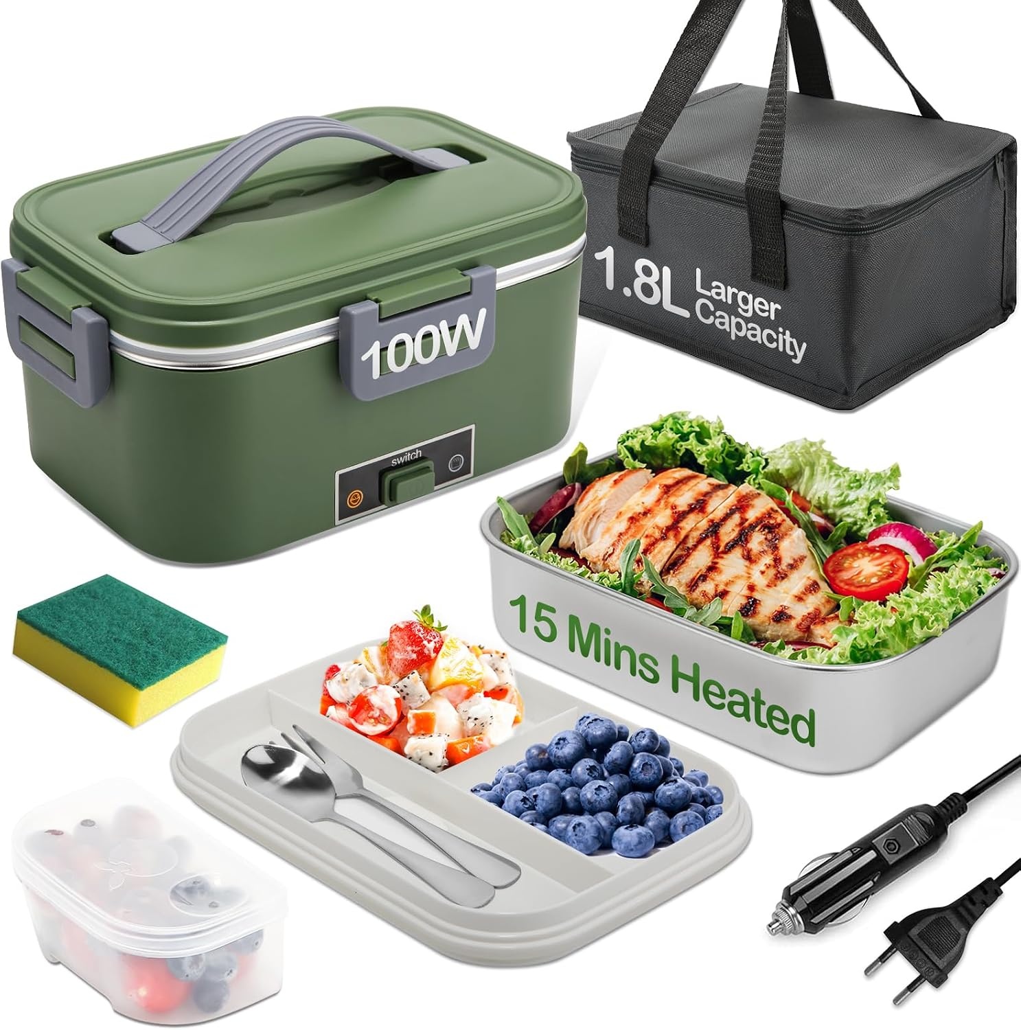 Elektrische Lunchbox 100W, 1.5L - Warm Eten Onderweg & Kantoor (Groen)