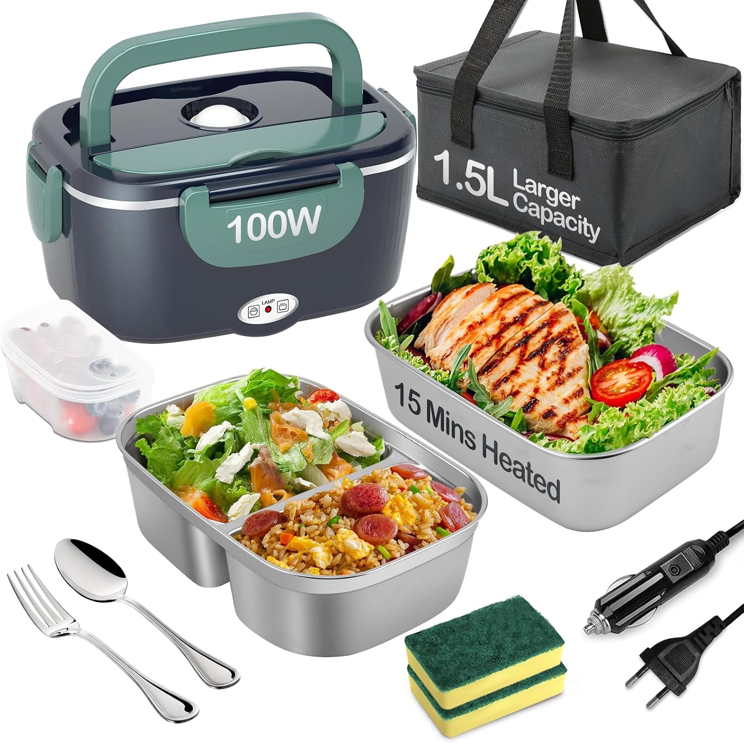 Elektrische Lunchbox 100W, 1.5L - Warm Eten Onderweg & Kantoor (Groen)