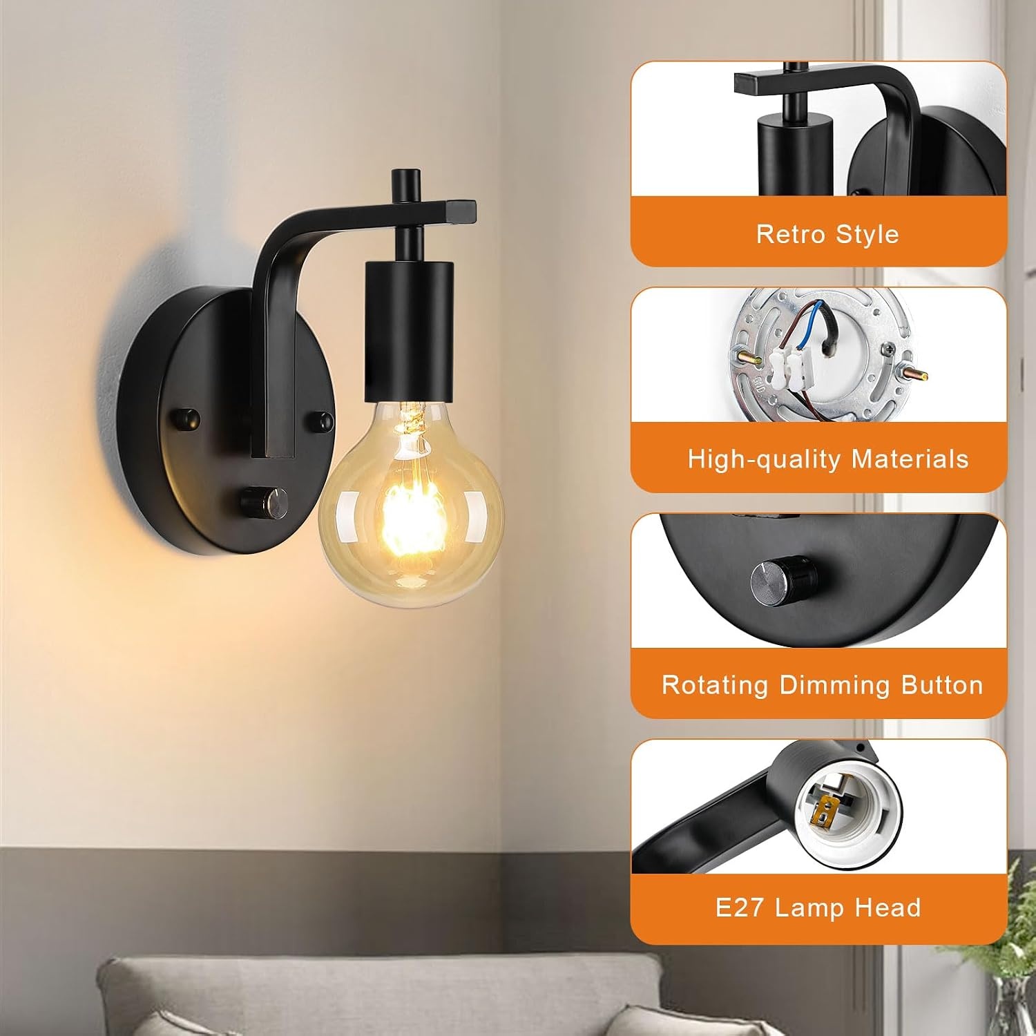 Dimbare Retro Wandlamp Zwart - Touch Bediening - 71% Korting