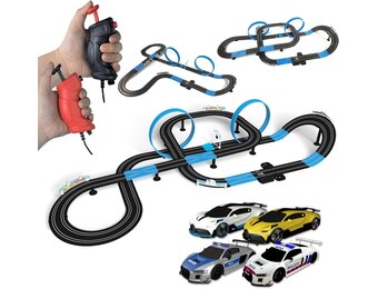 AGM MASTECH Slot Car Race Track Set, High Speed Series Tram Dual Track Set met 4 Gelicentieerde Racing Slot Cars, 2 Handbedieningen, Track Parts en Lapteller, 8,4 M lange baan