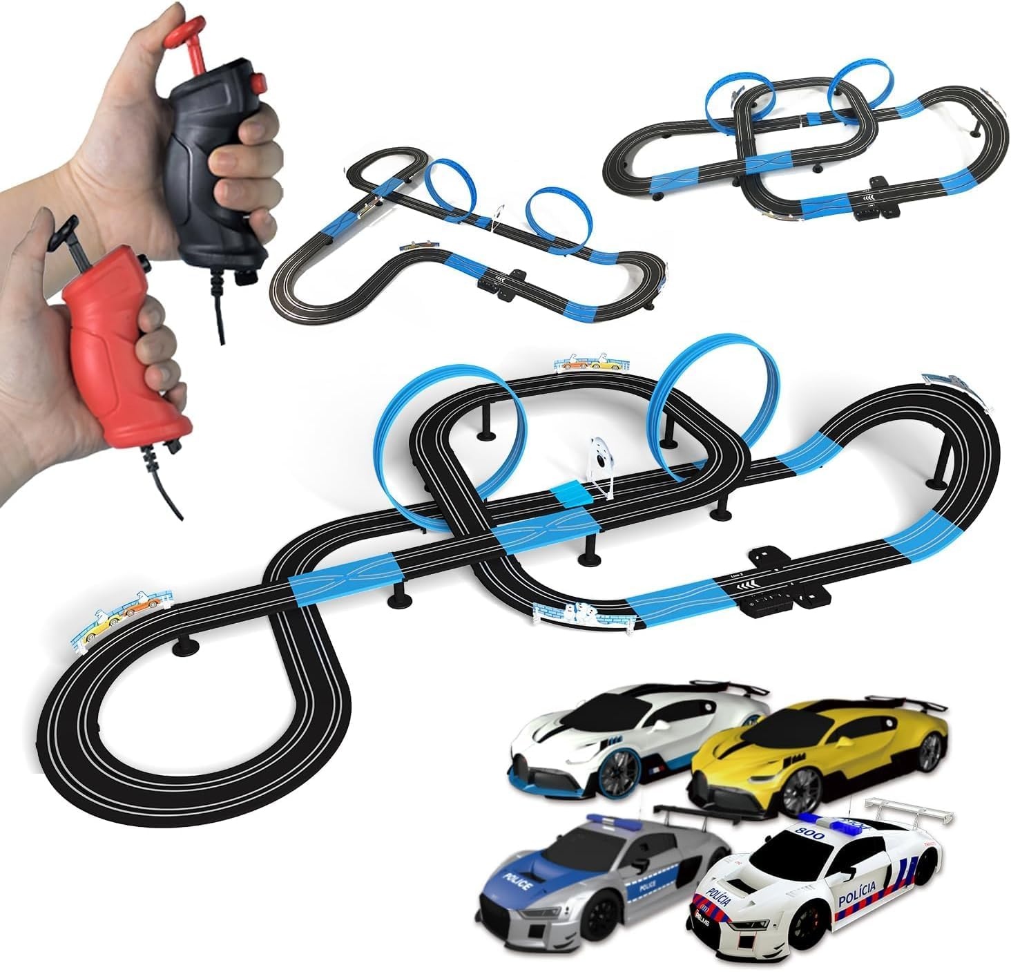AGM MASTECH Slot Car Race Track Set, High Speed Series Tram Dual Track Set met 4 Gelicentieerde Racing Slot Cars, 2 Handbedieningen, Track Parts en Lapteller, 8,4 M lange baan