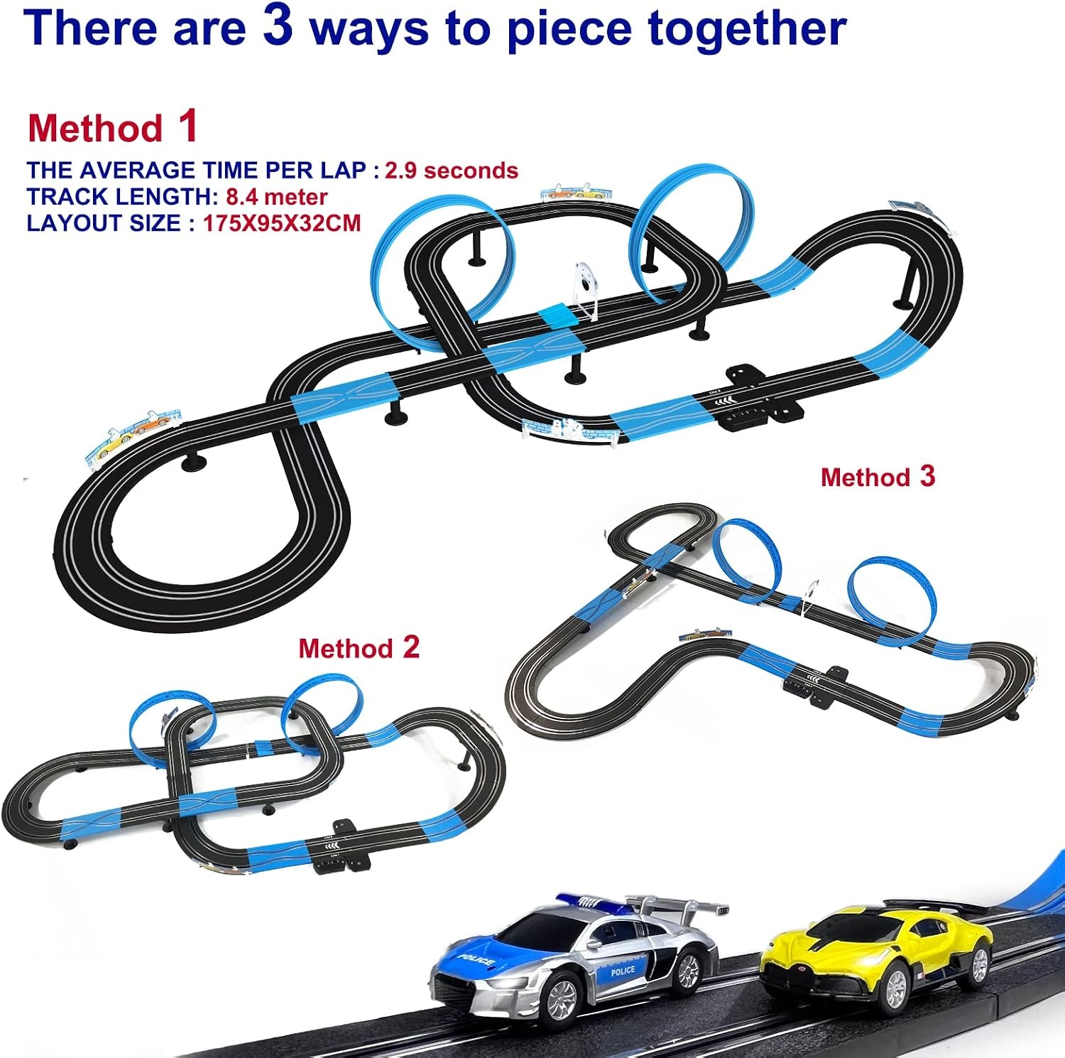 AGM MASTECH Slot Car Race Track Set, High Speed Series Tram Dual Track Set met 4 Gelicentieerde Racing Slot Cars, 2 Handbedieningen, Track Parts en Lapteller, 8,4 M lange baan