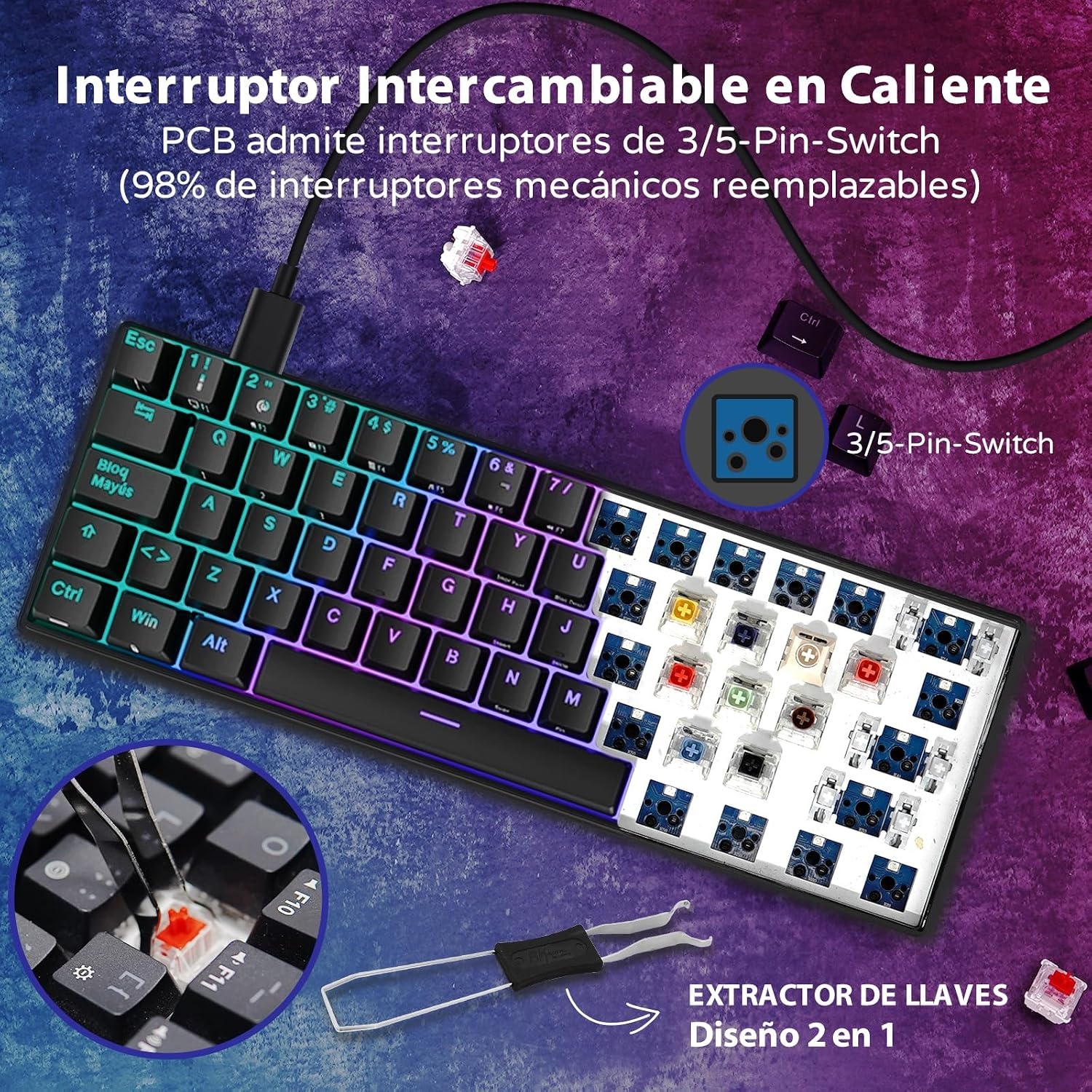 Gaming Toetsenbord RK61 Spaans QWERTY - 60% Mechanisch, RGB, Blauw Switches | 57% Korting