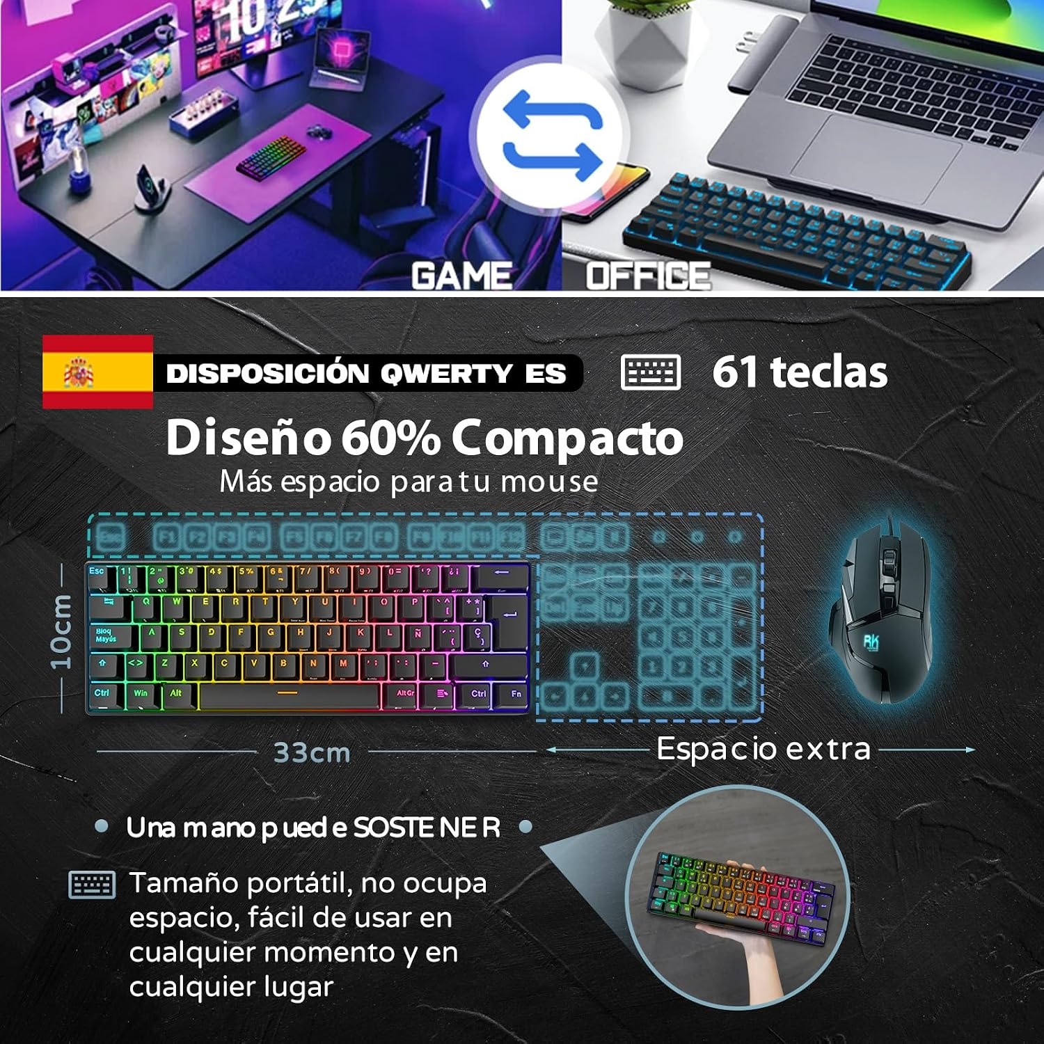 Gaming Toetsenbord RK61 Spaans QWERTY - 60% Mechanisch, RGB, Blauw Switches | 57% Korting