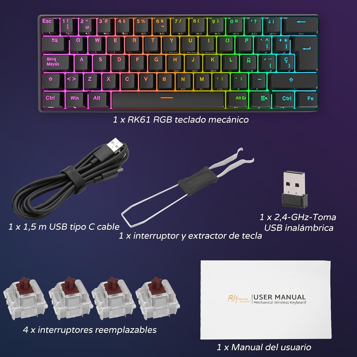 Gaming Toetsenbord RK61 Spaans QWERTY - 60% Mechanisch, RGB, Blauw Switches | 57% Korting