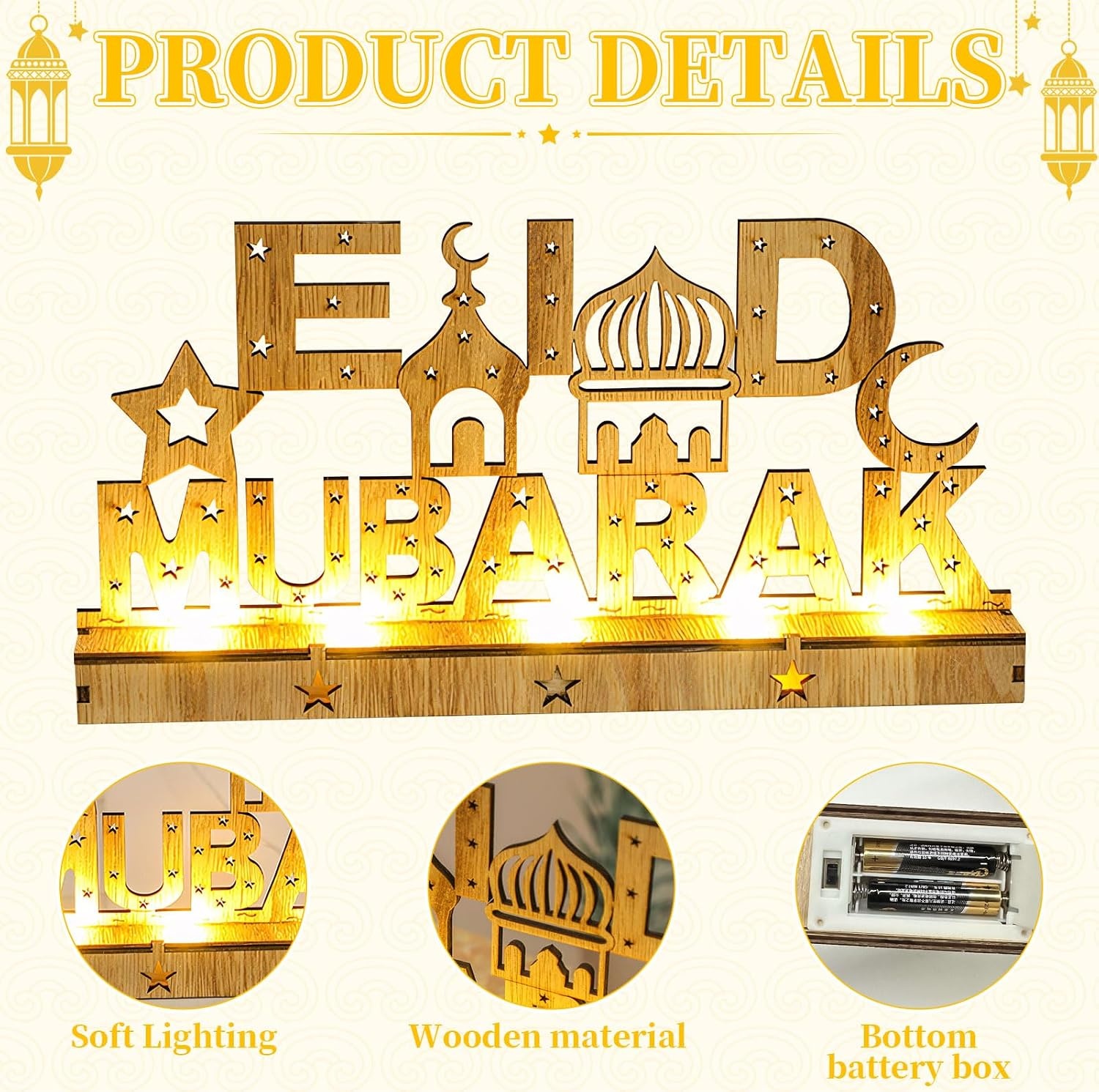 Decoratieve Houten LED Lamp Ramadan & Eid Mubarak - Maan & Ster Motieven - 30x15.5cm - 59% Korting