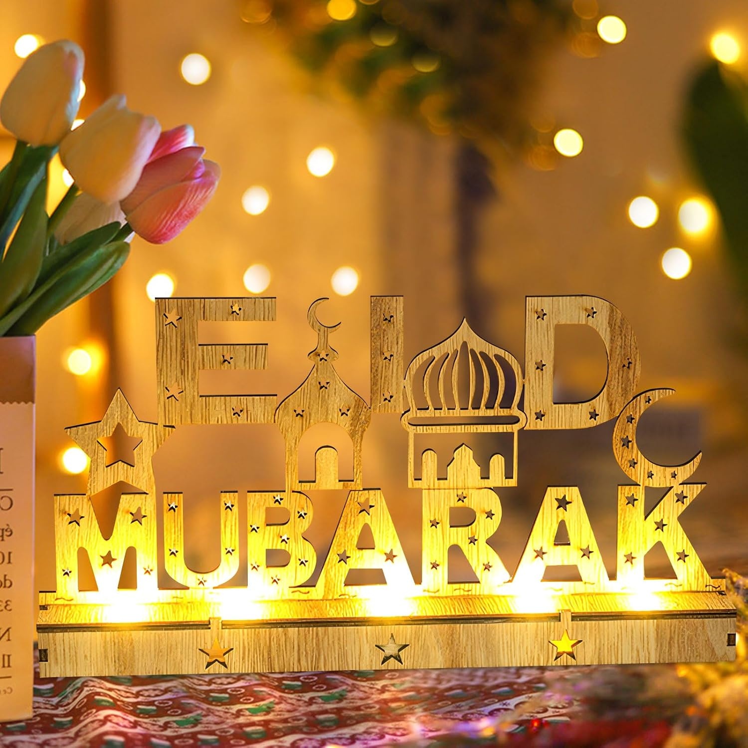 Decoratieve Houten LED Lamp Ramadan & Eid Mubarak - Maan & Ster Motieven - 30x15.5cm - 59% Korting