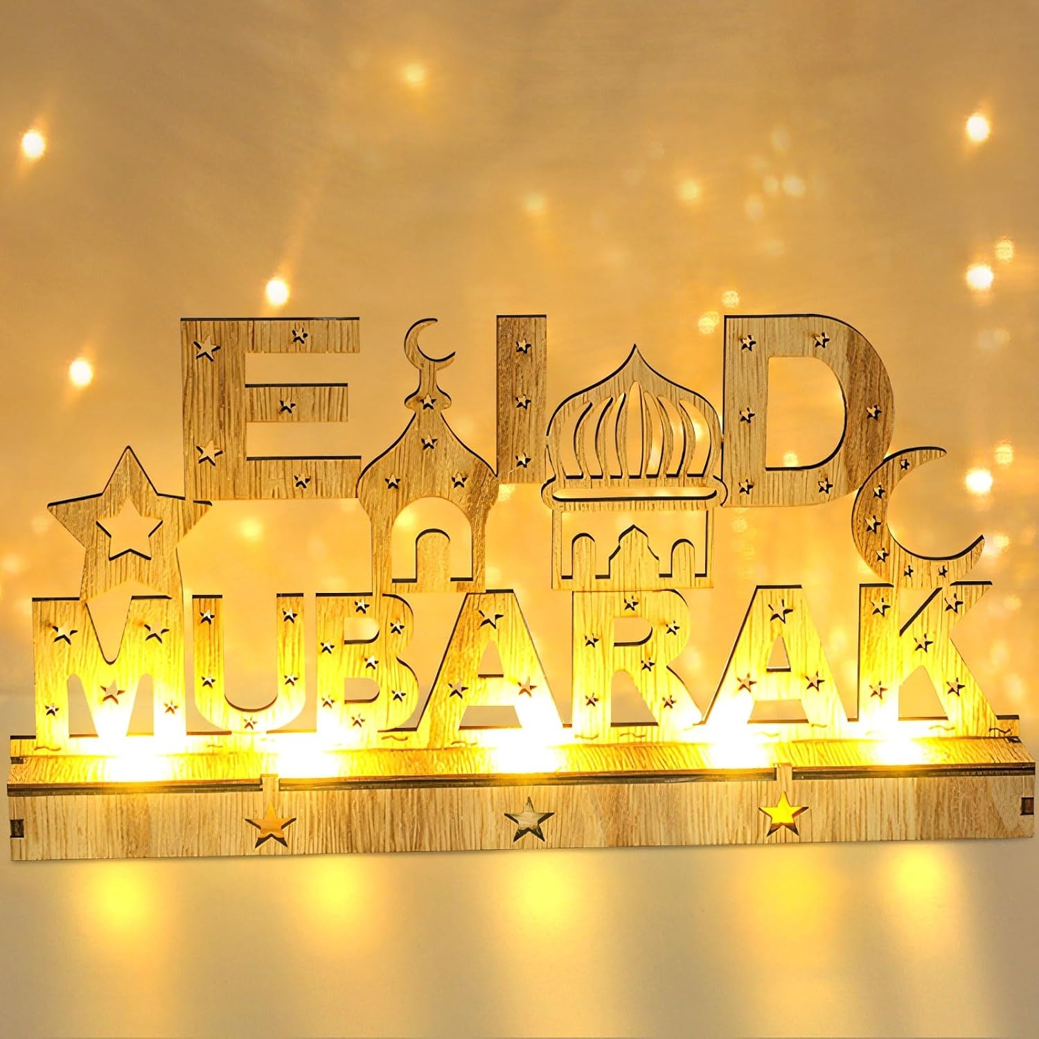 Decoratieve Houten LED Lamp Ramadan & Eid Mubarak - Maan & Ster Motieven - 30x15.5cm - 59% Korting