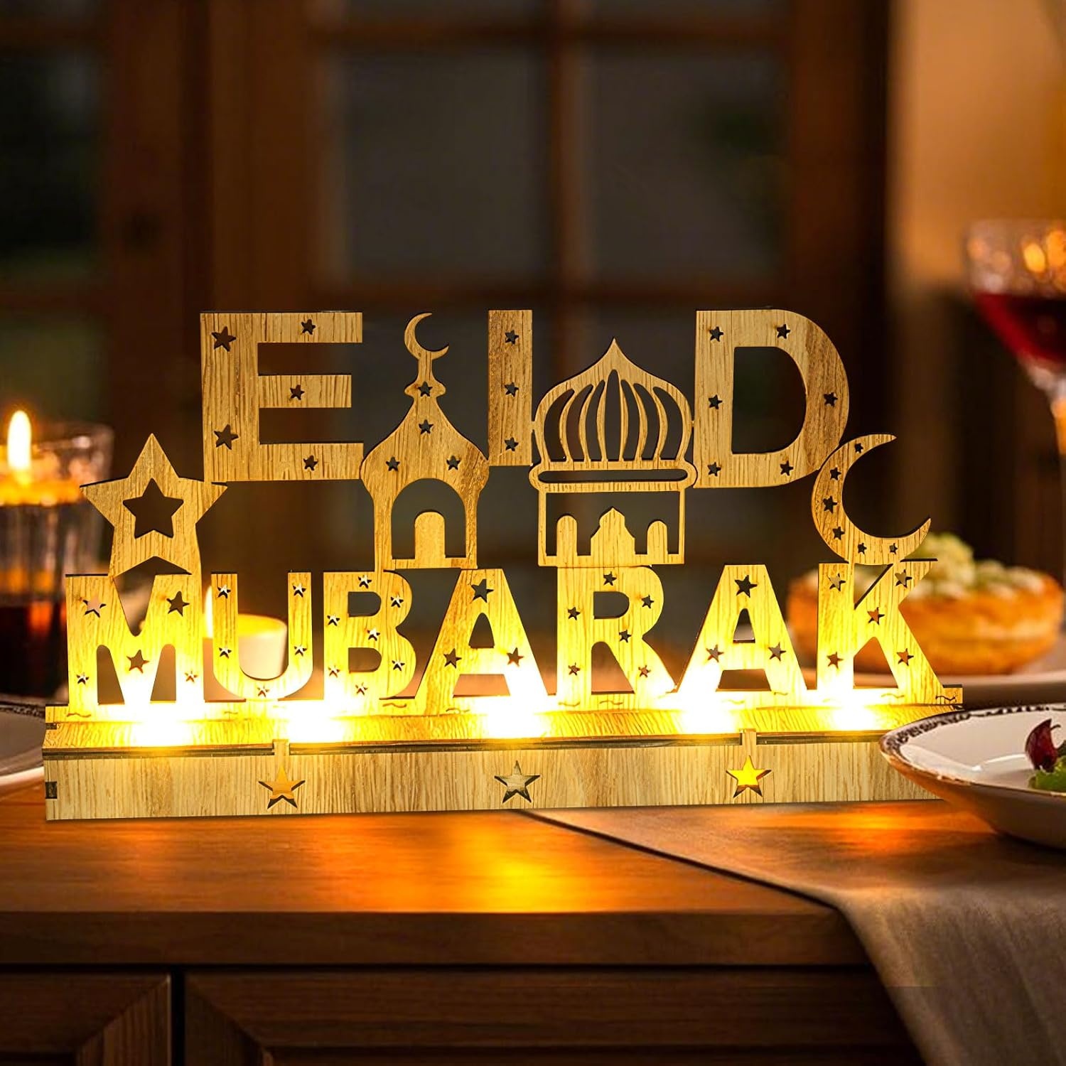 Decoratieve Houten LED Lamp Ramadan & Eid Mubarak - Maan & Ster Motieven - 30x15.5cm - 59% Korting