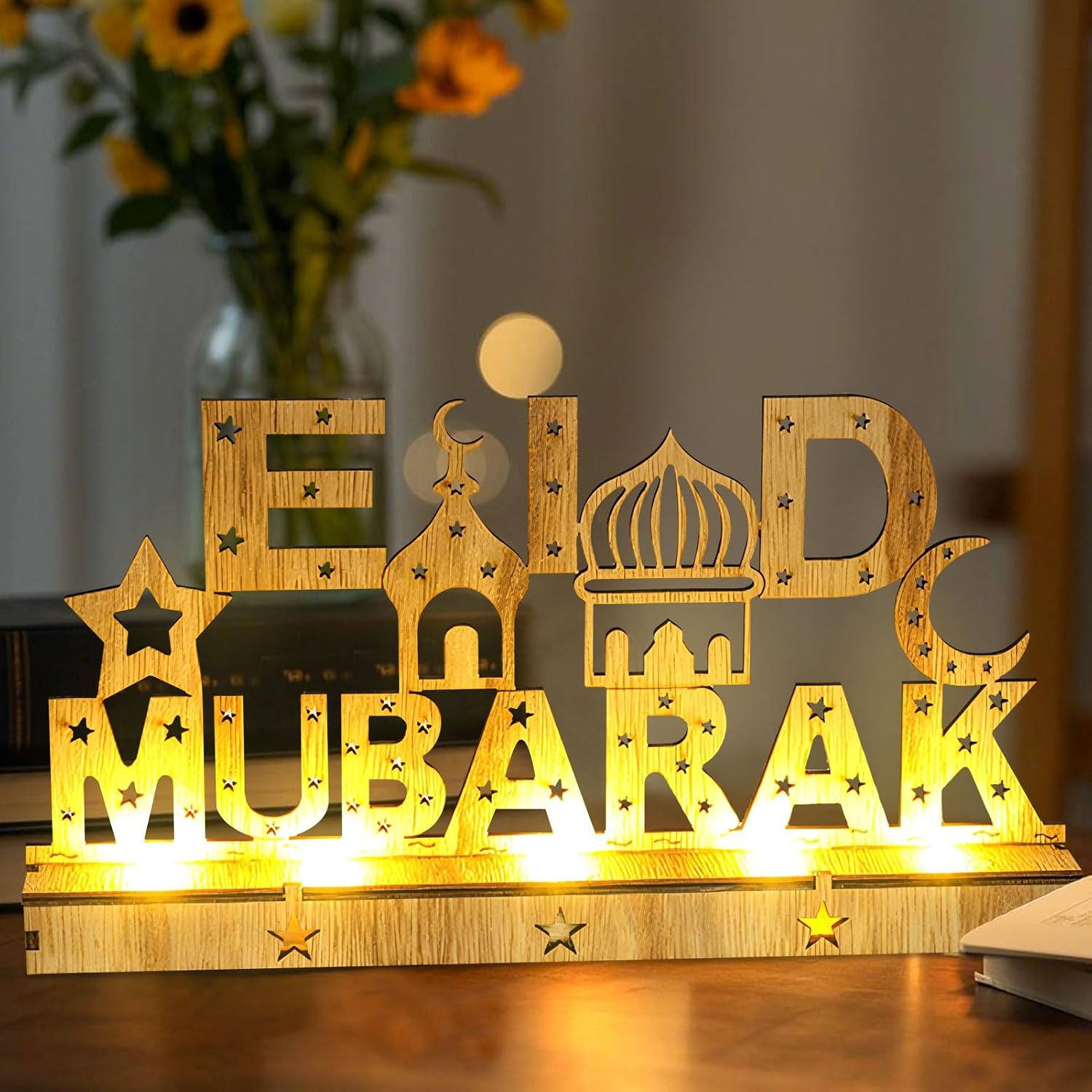 Decoratieve Houten LED Lamp Ramadan & Eid Mubarak - Maan & Ster Motieven - 30x15.5cm - 59% Korting