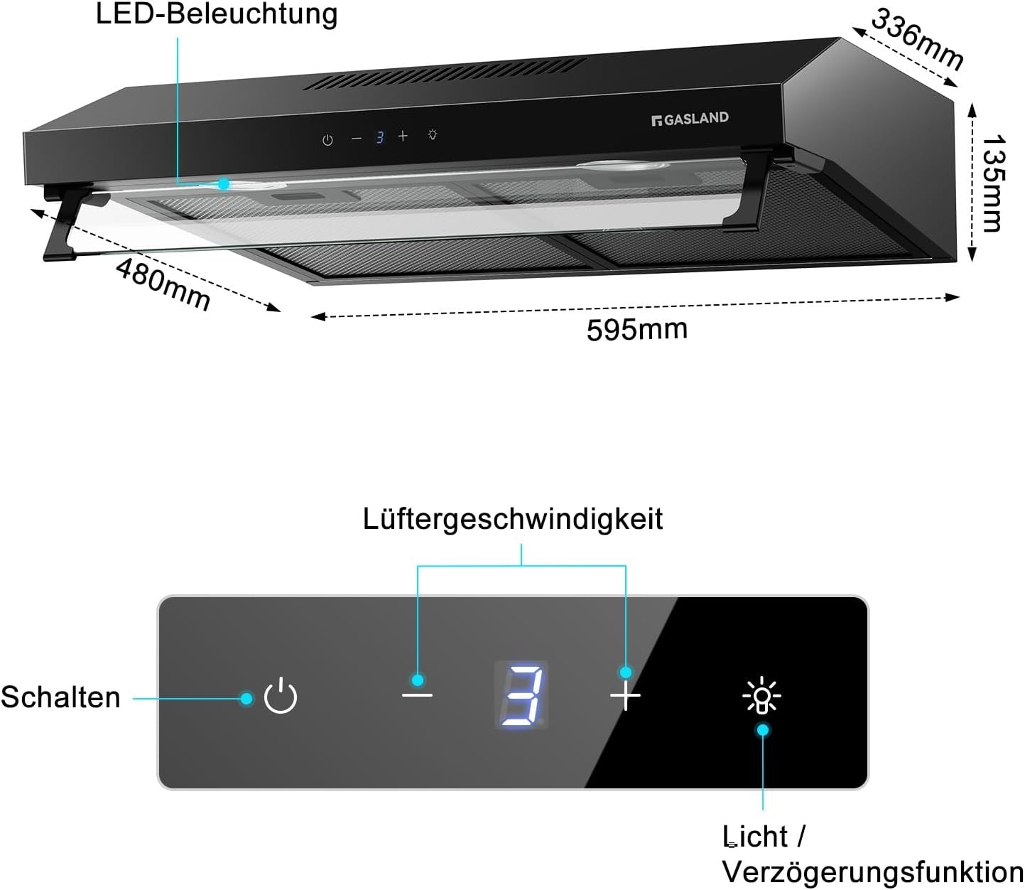 GASLAND UC60BS Afzuigkap 60cm - 333 m³/u - 3 standen - Zwart Metaal