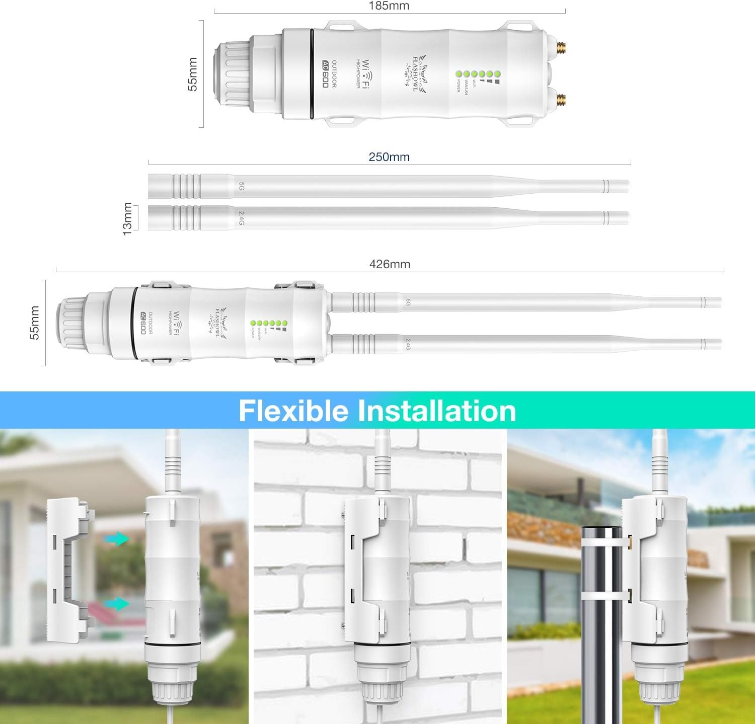 WiFi-repeater voor gebruik buitenshuis Wi-Fi Range Extender AC600 Wi-Fi-signaalversterker Weerbestendige WiFi-versterker 2.4G 5 GHz-antennes met high gain 600 Mbps WiFi-brug