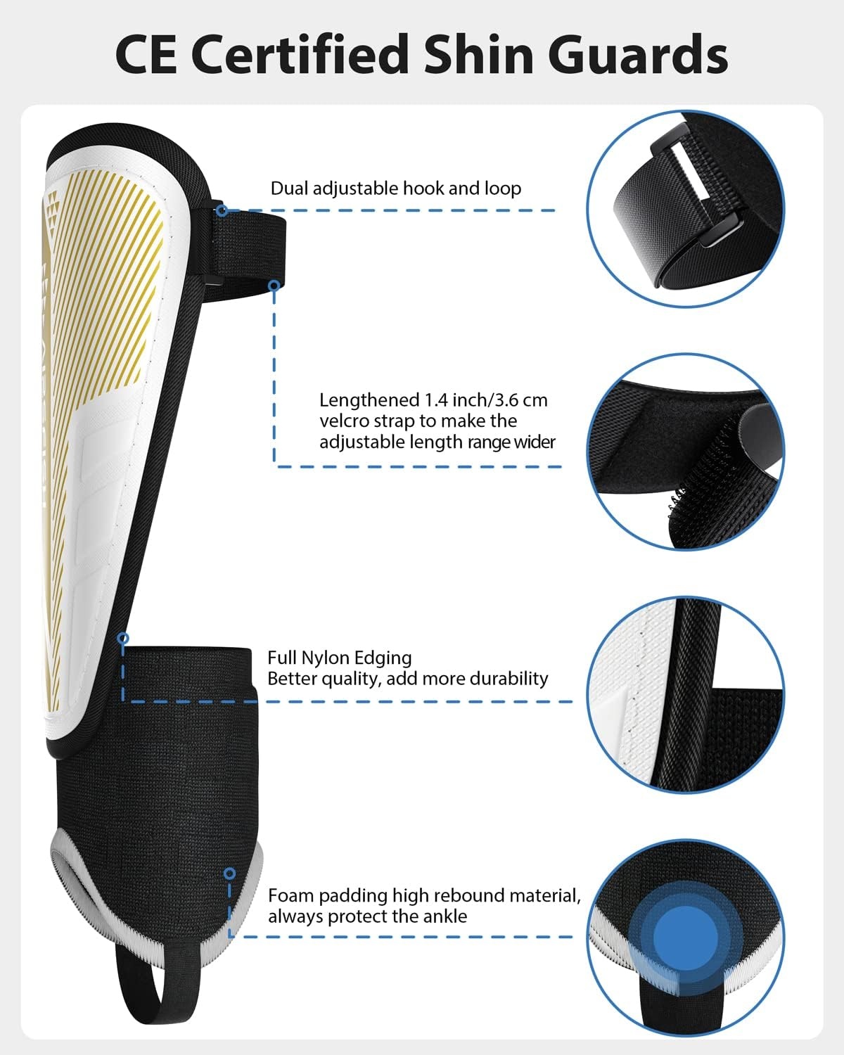 Upgraded Soccer Shin Guards Pads for Kids Youth Adults, CE Certified AirsFish Shin Guard Sleeves Protection Gear for Boys Girls Soccer Games EVA Cushion Reduce Shocks and Injuries