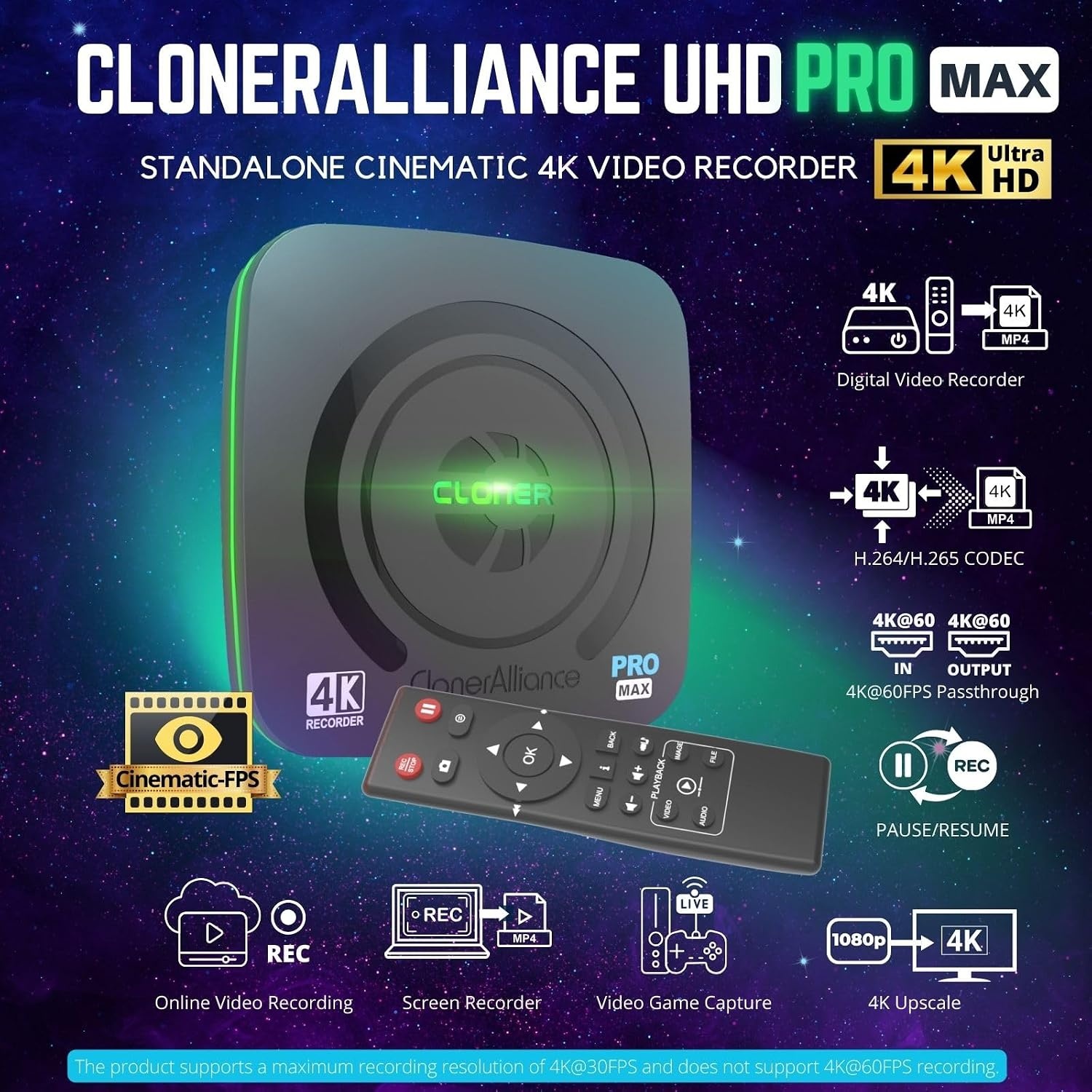 ClonerAlliance UHD Pro Max 4k Cinematic-FPS Videorecorder H.265/H.264 4K @ 60fps Passthrough HDMI Capture DVR