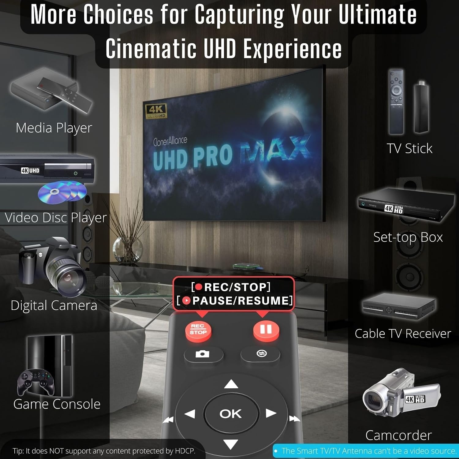 ClonerAlliance UHD Pro Max 4k Cinematic-FPS Videorecorder H.265/H.264 4K @ 60fps Passthrough HDMI Capture DVR