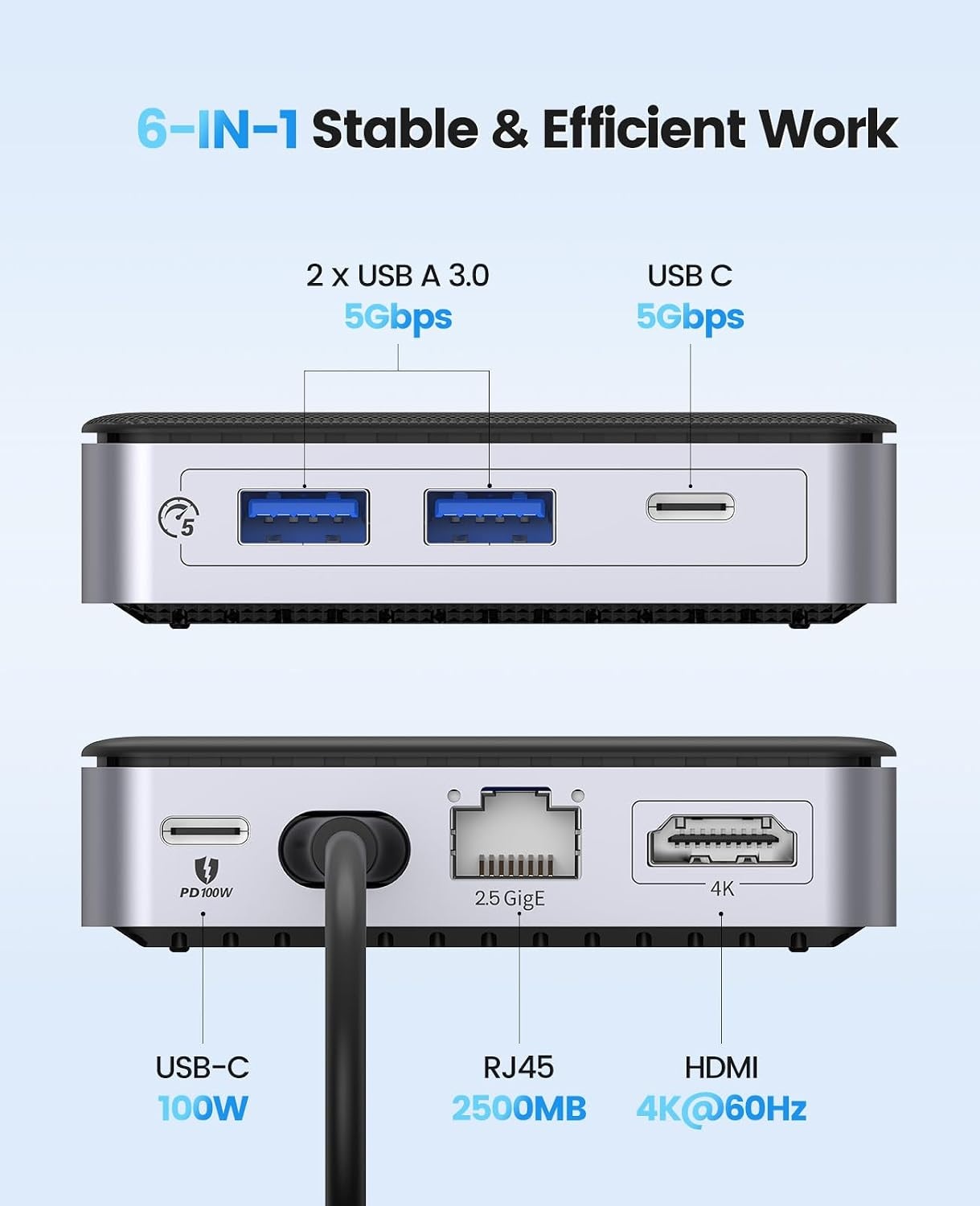 ORICO USB C Hub 6-in-1 docking station met Ethernet 2.5 Gbps, HDMI 4K @60Hz, PD 100W, 5Gbps USB C 3.0, 2 poorten USB A 3.0, type C multiport adapter voor MacBook Air Pro M2 M1 iPad Surface Dell Hp (15
