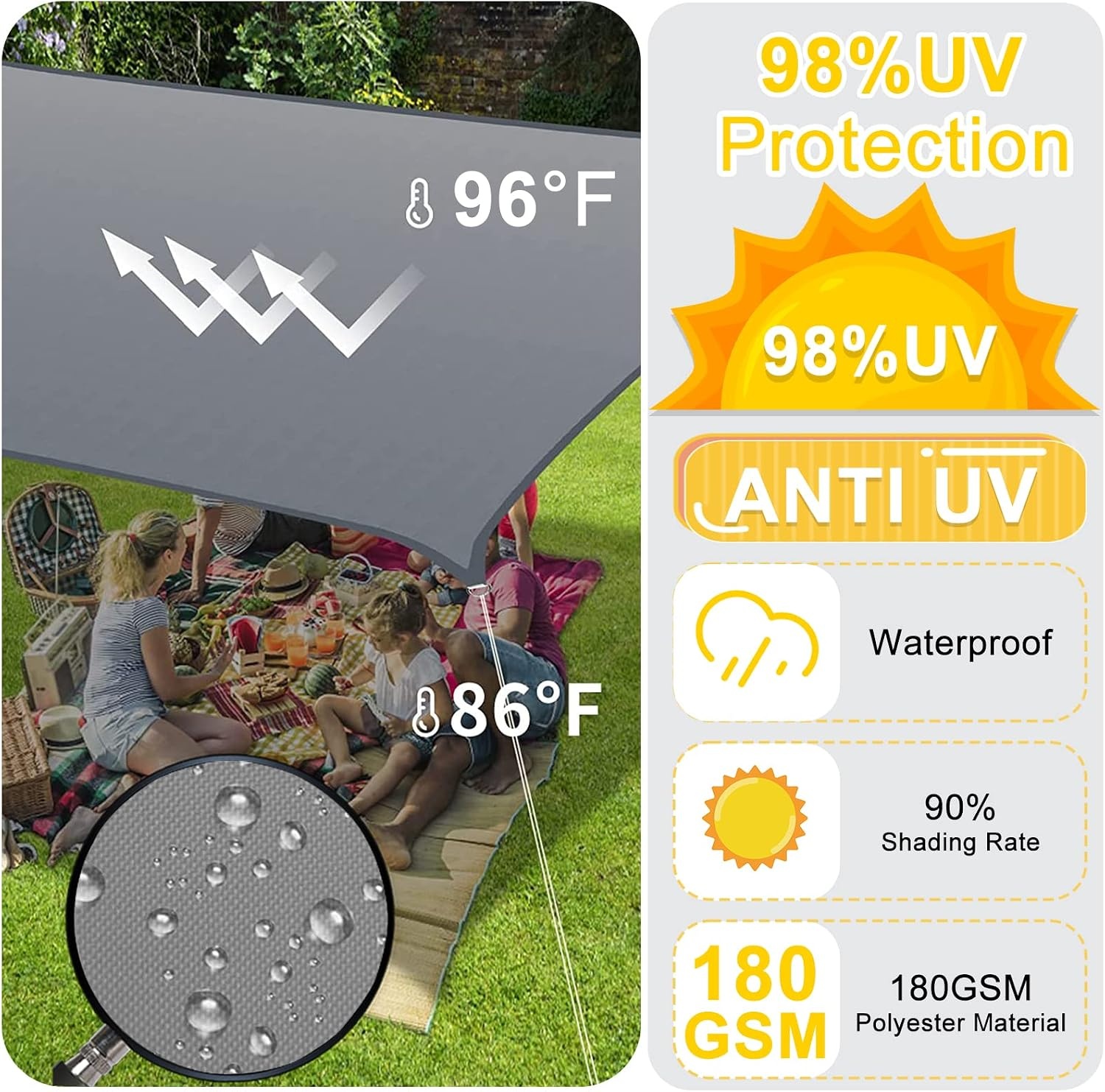 Zonnedoek Rechthoekig 4x5m PES Waterdicht 185g/m² | 96% UV-bescherming Windbescherming Grijs