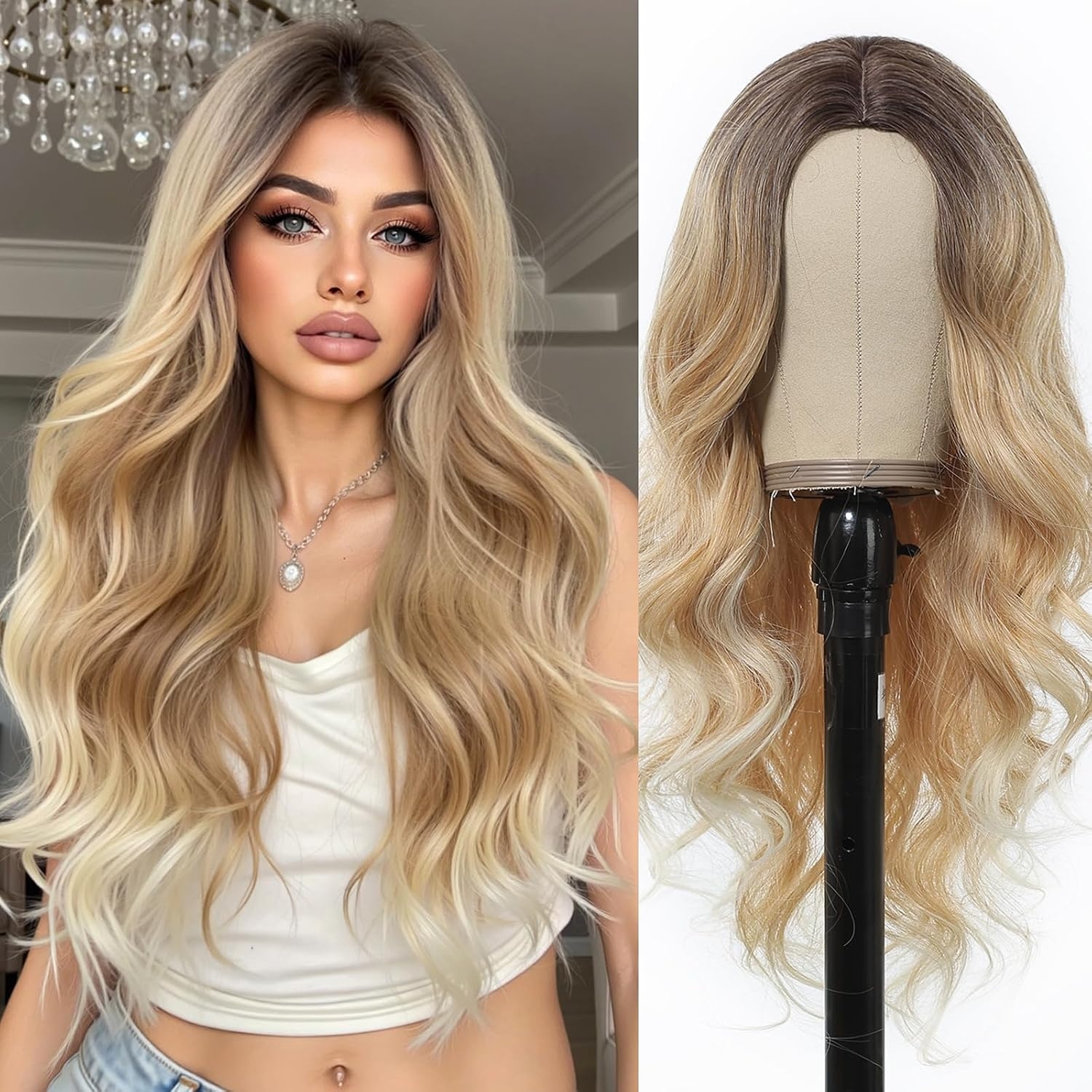 Pruik Lang Golvend Blond Ombre Synthetisch 33% Korting