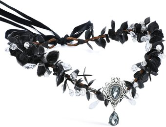 Zwarte Elfenkroon Haarband met Bloemen & Kristal | Gothic Cosplay Korting
