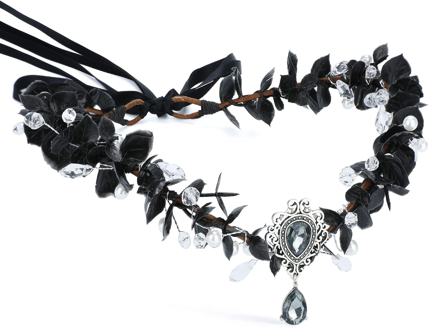 Zwarte Elfenkroon Haarband met Bloemen & Kristal | Gothic Cosplay Korting