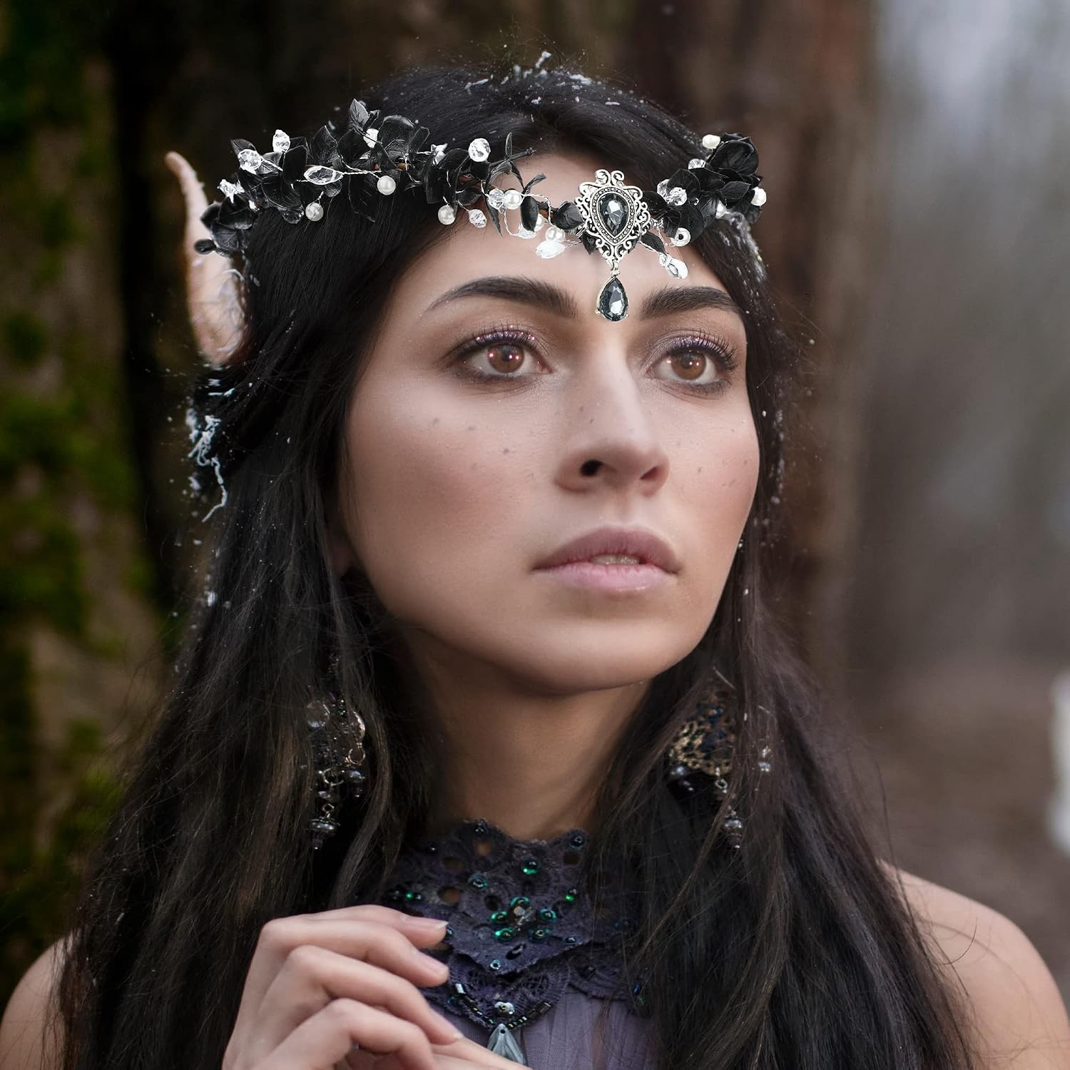 Zwarte Elfenkroon Haarband met Bloemen & Kristal | Gothic Cosplay Korting