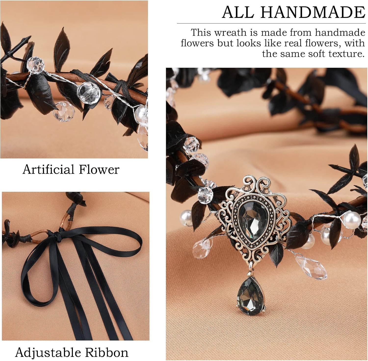 Zwarte Elfenkroon Haarband met Bloemen & Kristal | Gothic Cosplay Korting