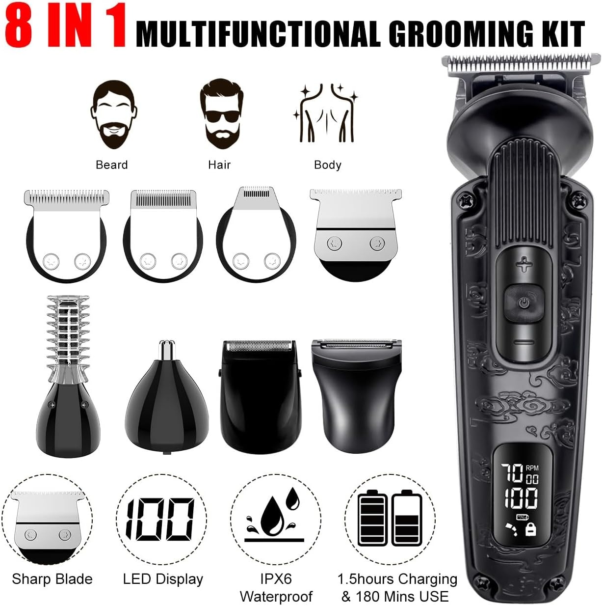 8-in-1 Baardtrimmer & Scheerapparaat - Instelbare Snelheid, Waterdicht