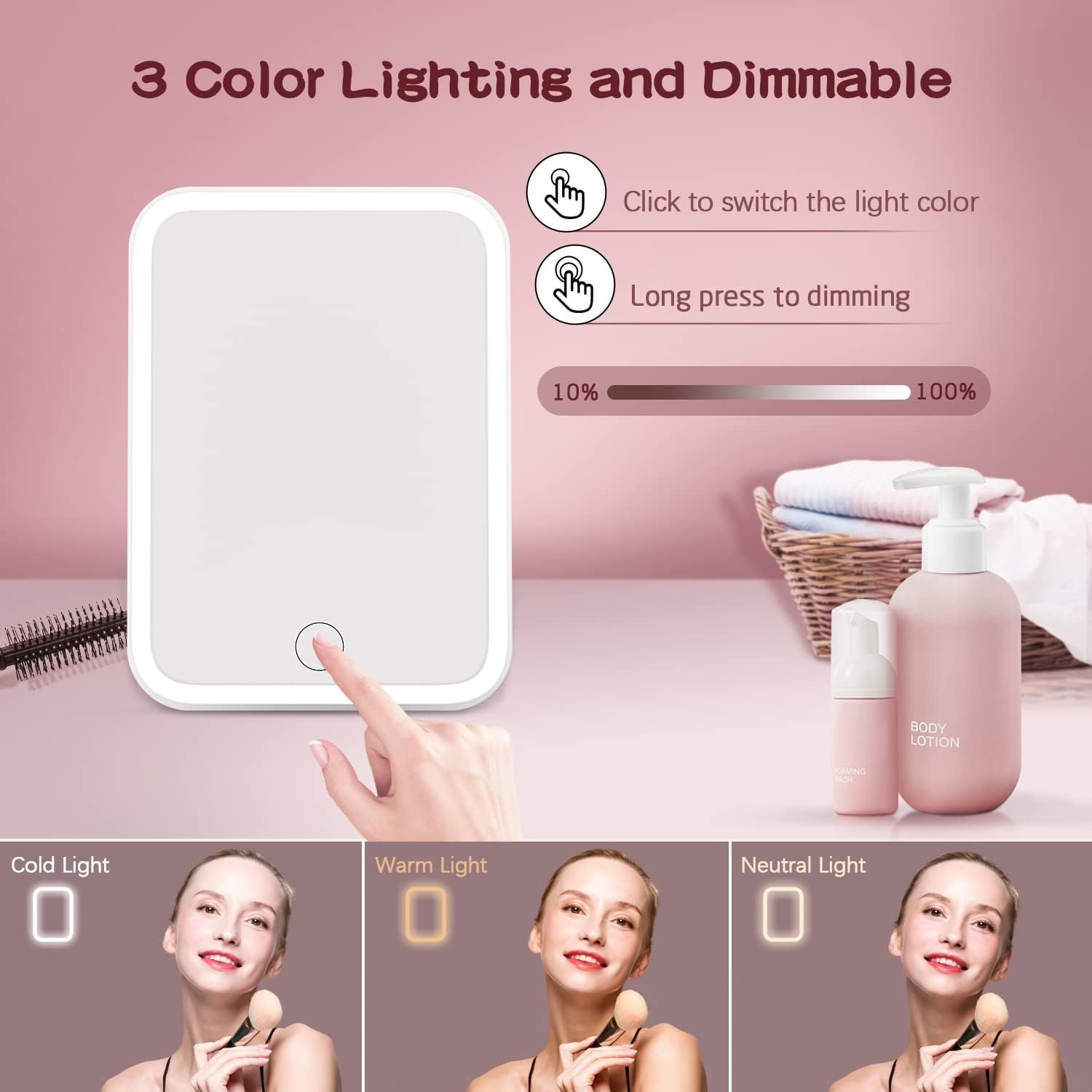Vierkante LED Make-upspiegel 3 Lichtkleuren, Dimbaar & Geheugenfunctie - 34% Korting