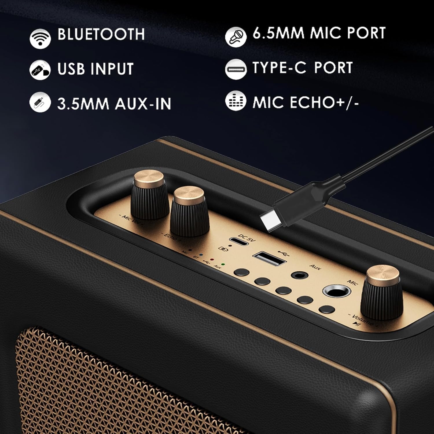 Retro Bluetooth Speaker 20W Goud/Zwart - 29% Korting